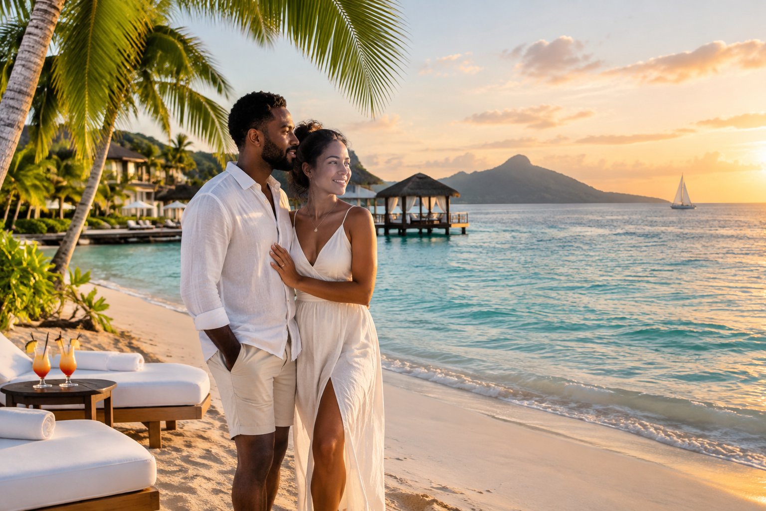 A newlywed couple stands on a tropical Caribbean beach beside a luxury resort at sunset.