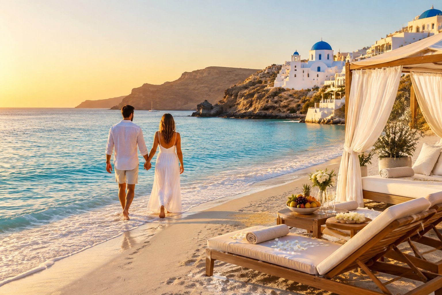 Newlywed couple walking along a Greek island beach beside a luxury seaside resort.