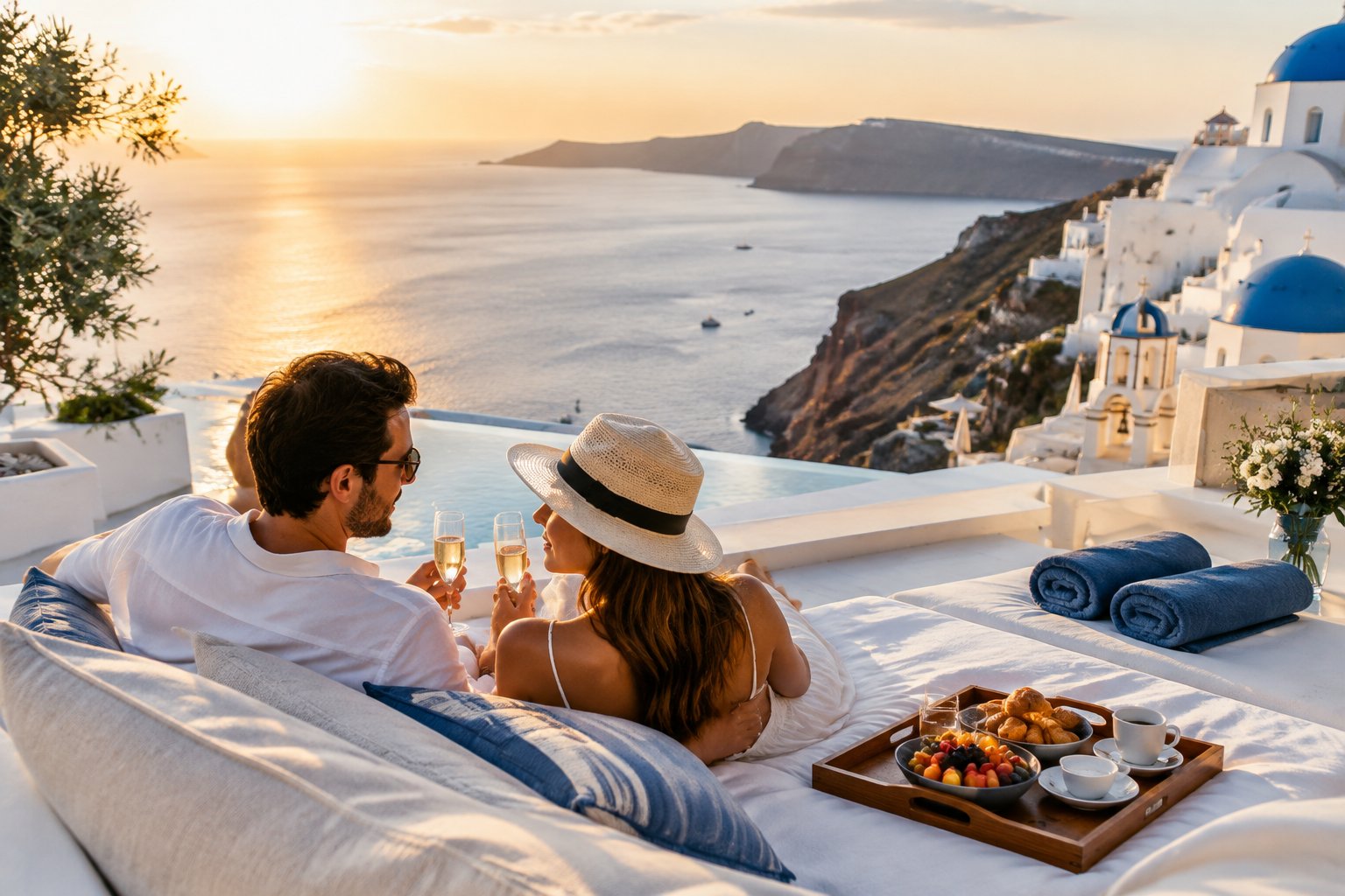 A newlywed couple enjoys breakfast on a luxury Greek resort terrace overlooking the Aegean Sea.