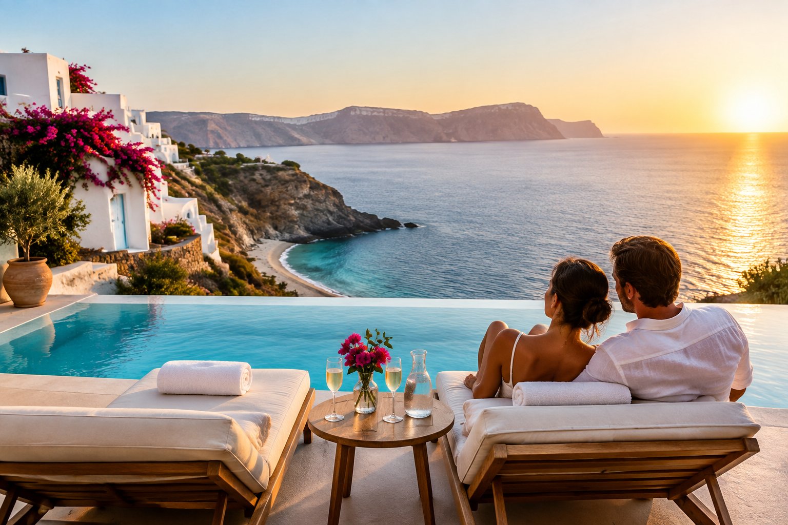A couple relaxes on a luxury Greek island resort terrace overlooking the Aegean Sea.