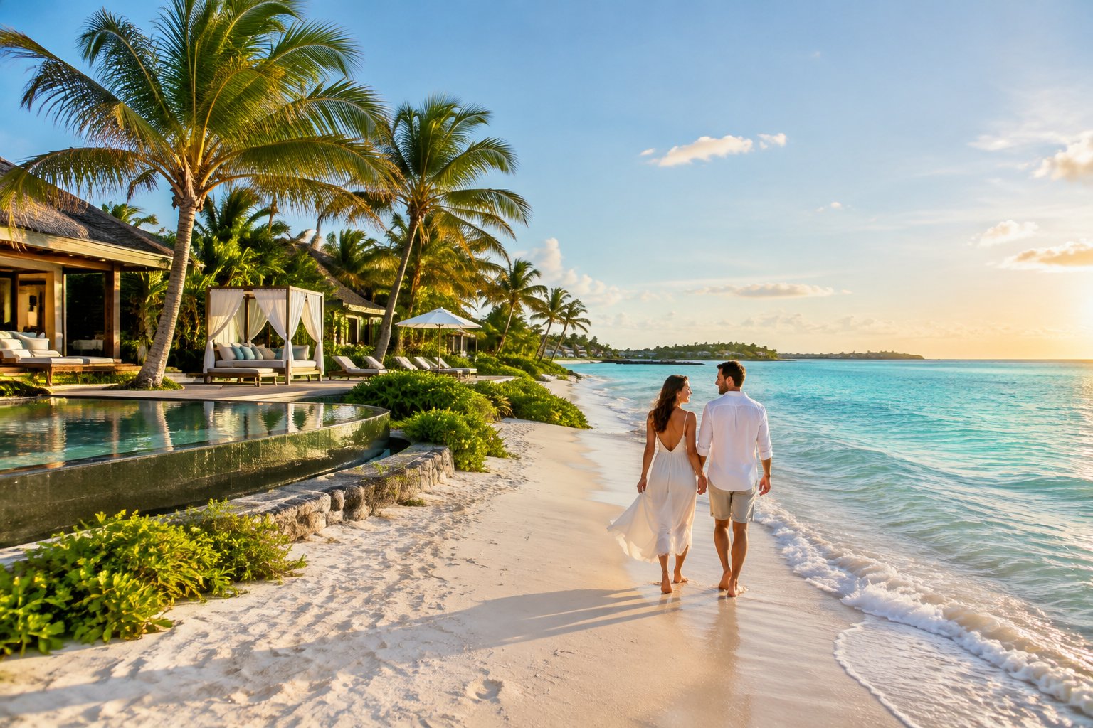 A newlywed couple walks along a pristine beach beside a luxurious Bahamian resort.