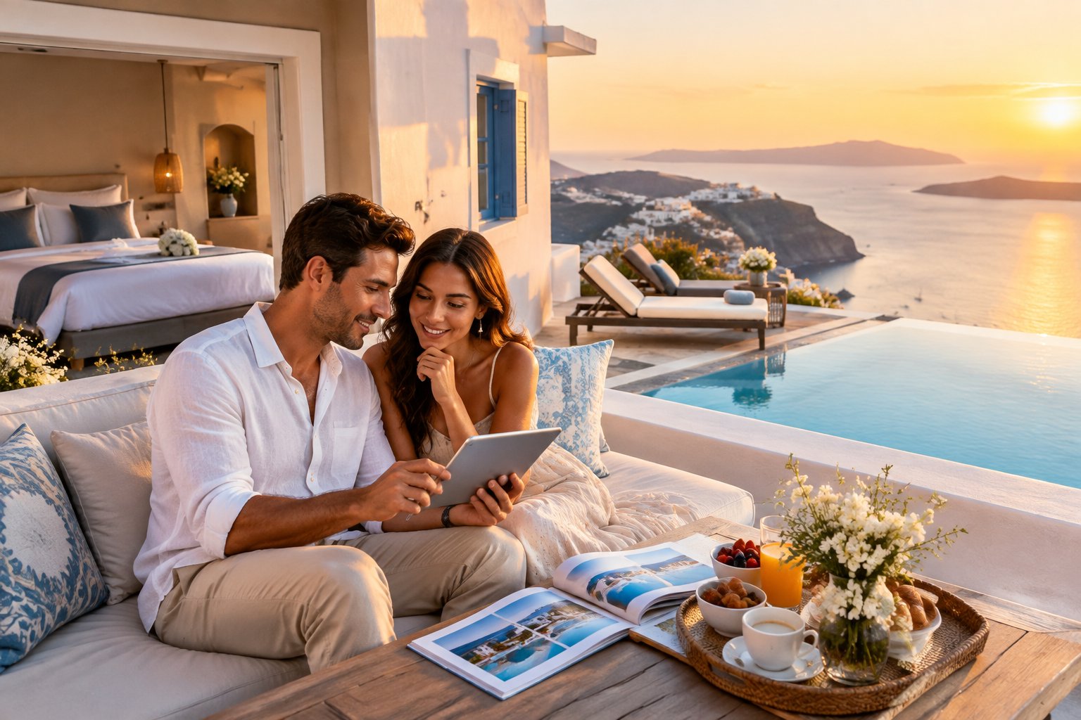 A couple compares honeymoon room options on a Greek resort terrace overlooking the sea.