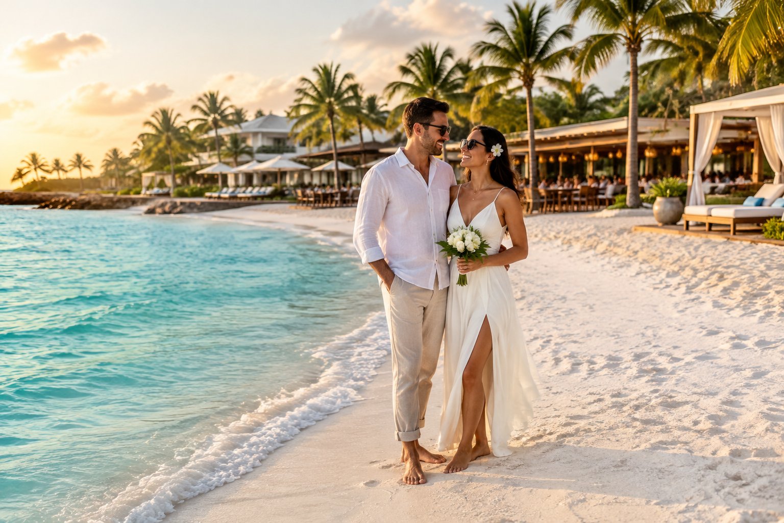 A newlywed couple relaxes on a white-sand beach at a luxury Bahamas resort.