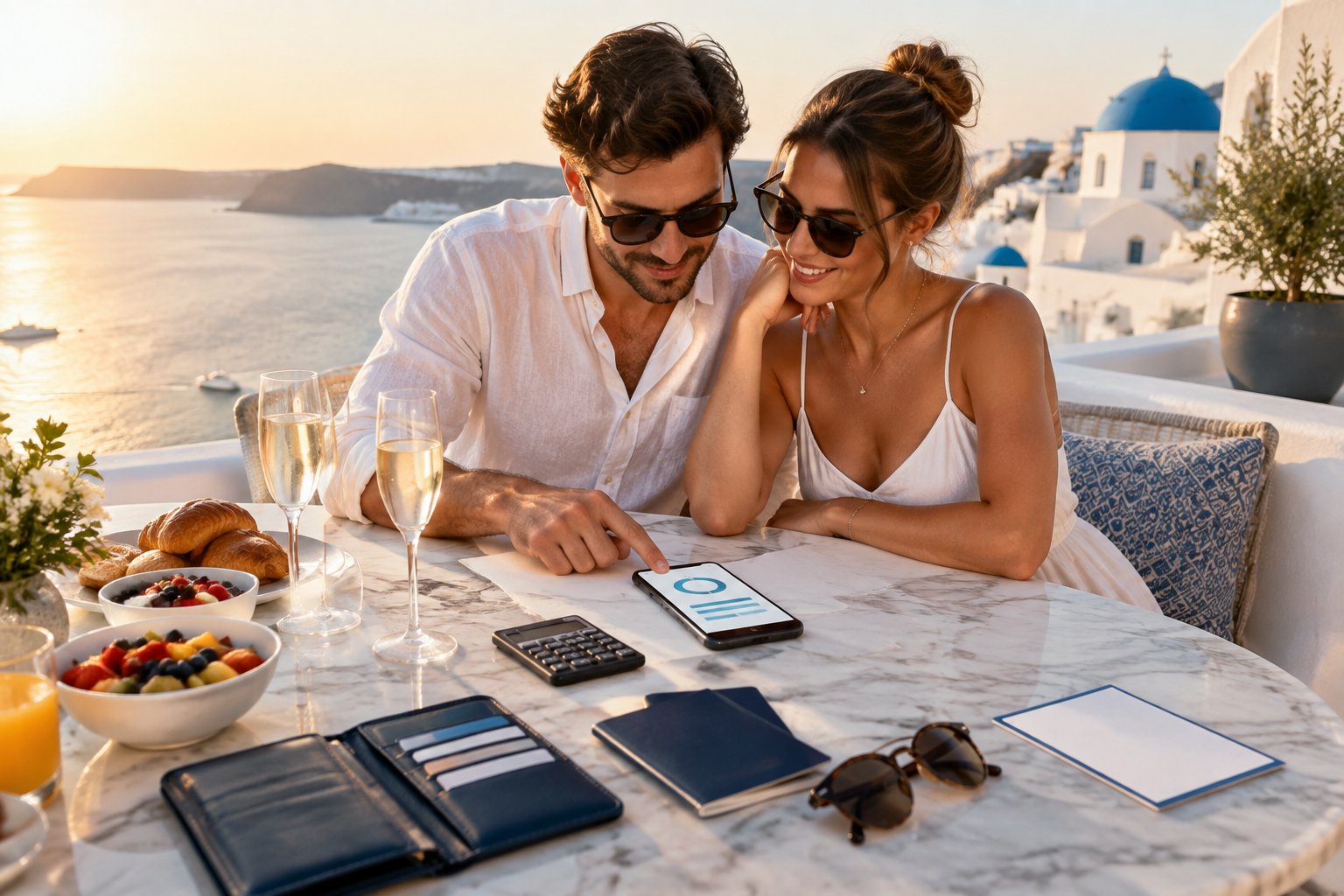 A couple reviews travel plans at a luxurious Greek island resort overlooking the sea.