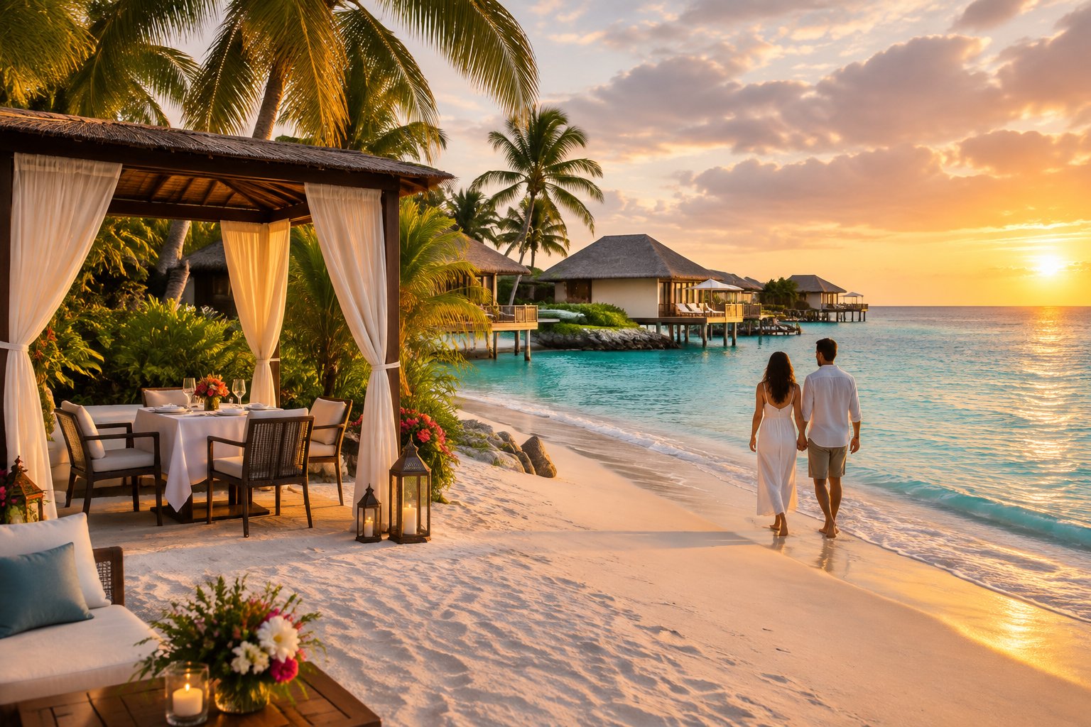 A couple walks along a white sandy beach beside a luxurious tropical resort in the Bahamas.