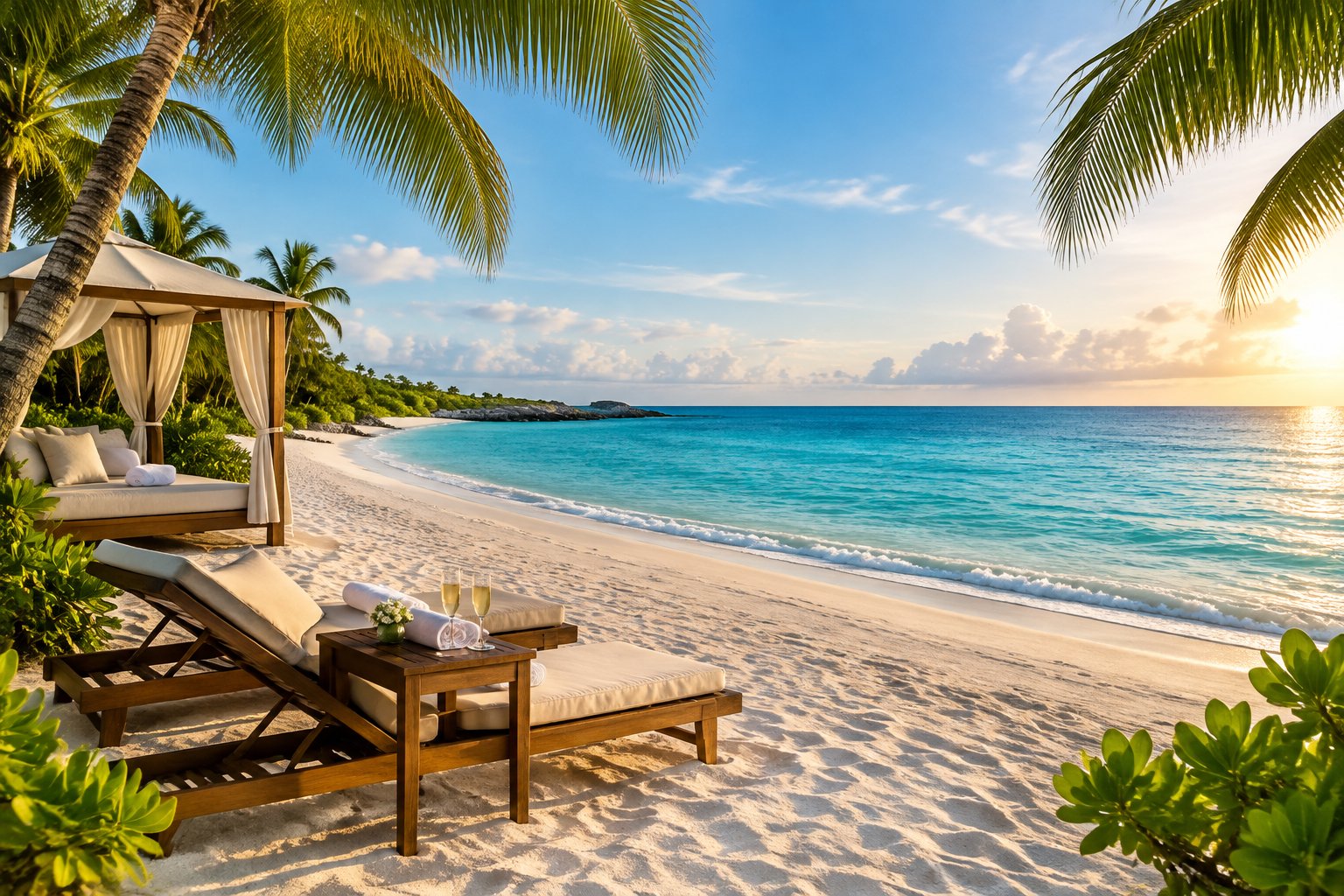 A secluded white-sand beach at a luxury Bahamian honeymoon resort with turquoise water, palm trees, loungers, and a shaded cabana.