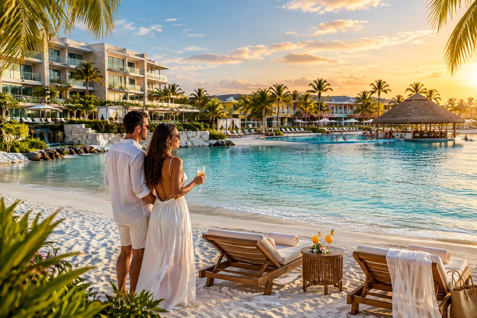 A honeymoon couple overlooks a Bahamian beach resort with a modern hotel and a traditional tropical resort area.