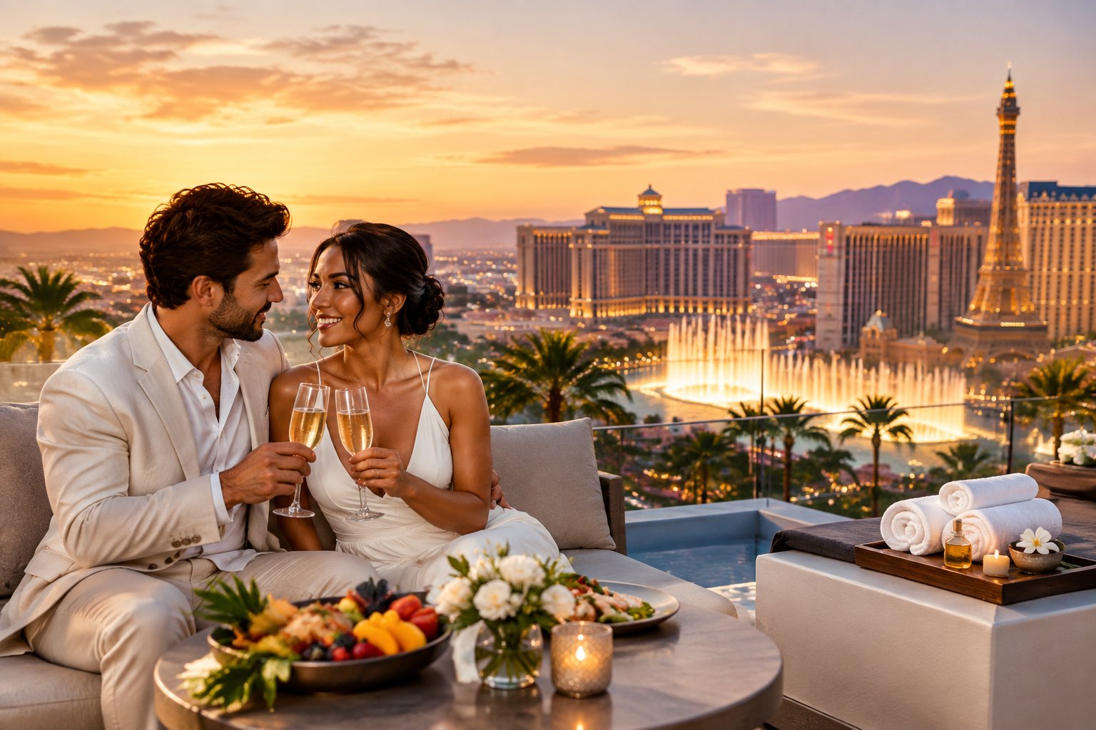 A newlywed couple enjoys a romantic dinner on a Las Vegas hotel rooftop overlooking the illuminated city.