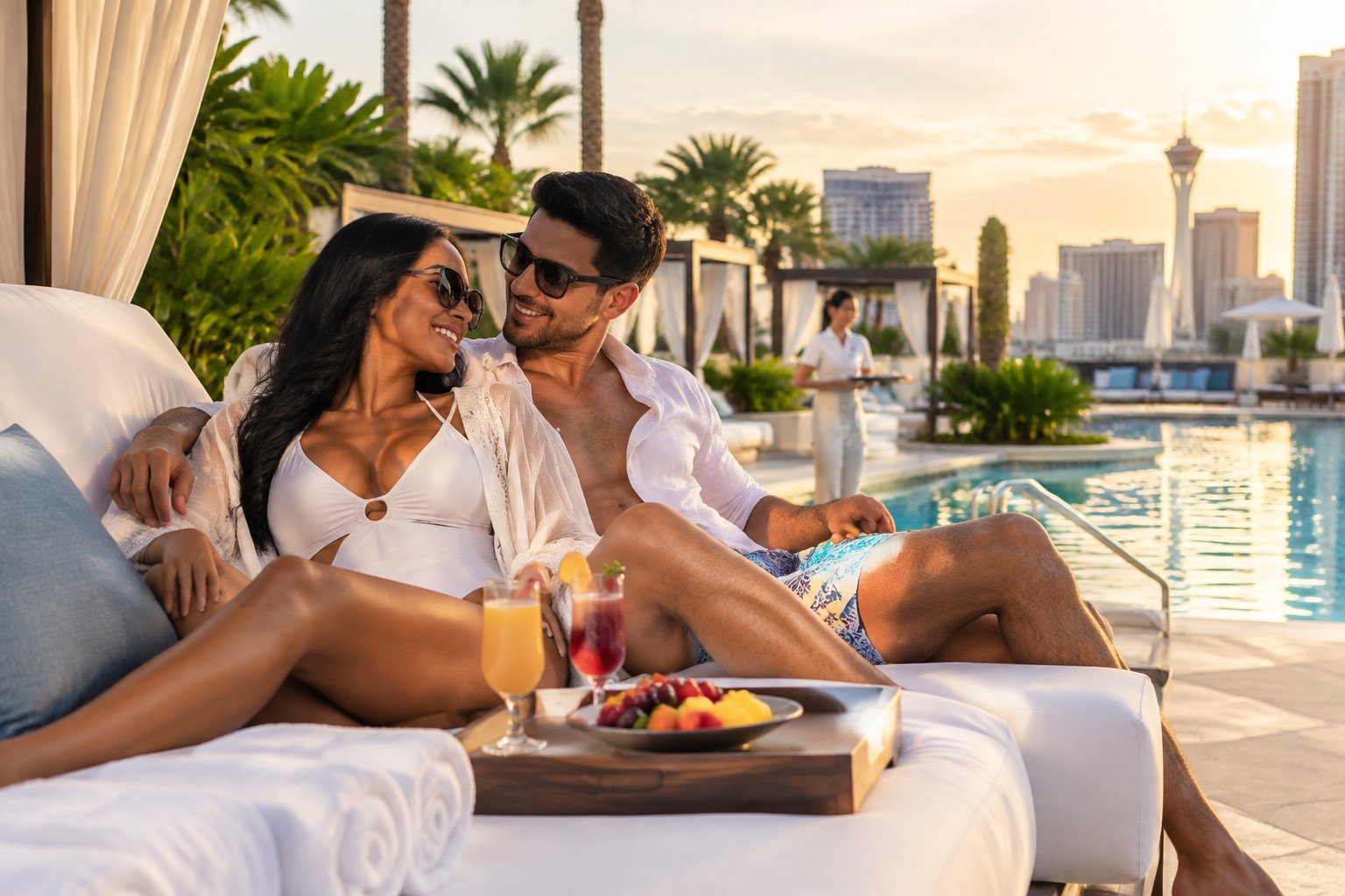 Newlywed couple relaxing by a luxurious Las Vegas resort pool.