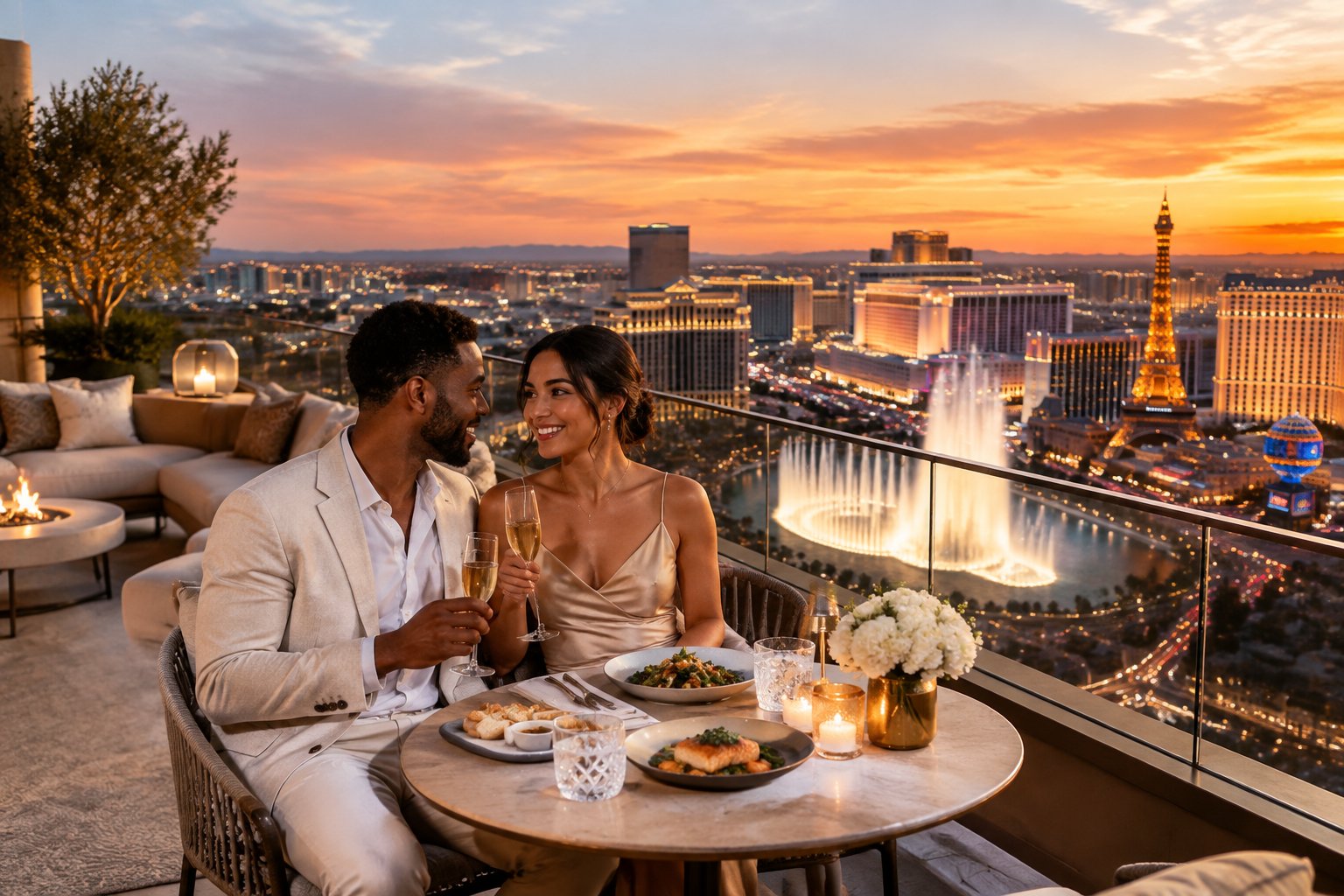 Newlywed couple enjoying a romantic dinner on a rooftop overlooking the Las Vegas skyline.