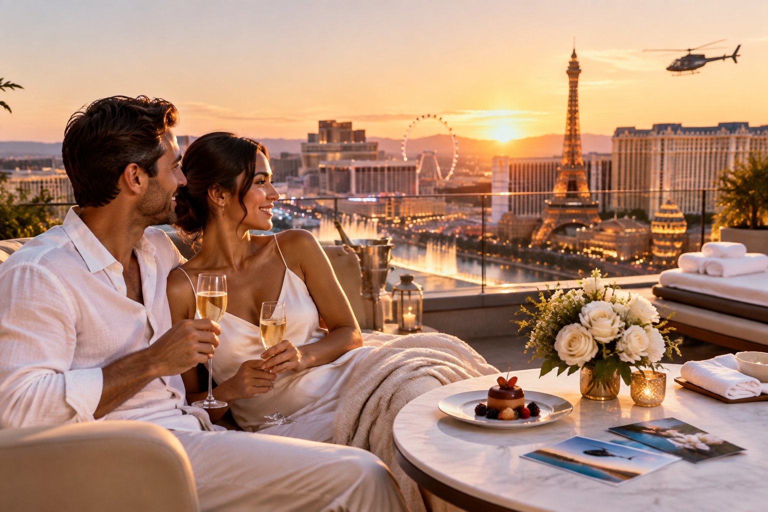 A newlywed couple enjoys a romantic rooftop experience overlooking the Las Vegas Strip.