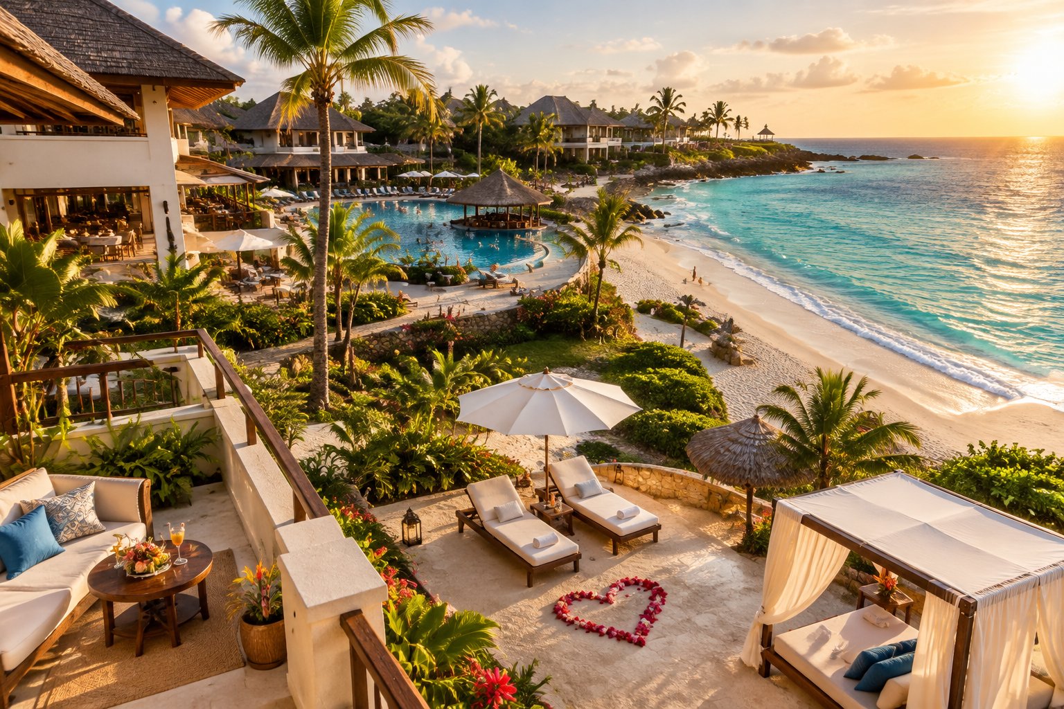 A luxurious Jamaican beachfront resort with palm trees, turquoise water, white sand, and a romantic lounge area.