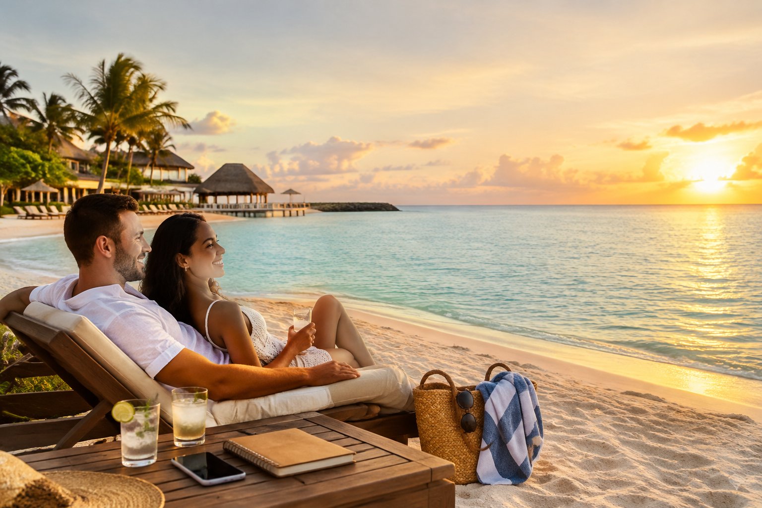 A newlywed couple relaxes together at an affordable tropical beach resort.