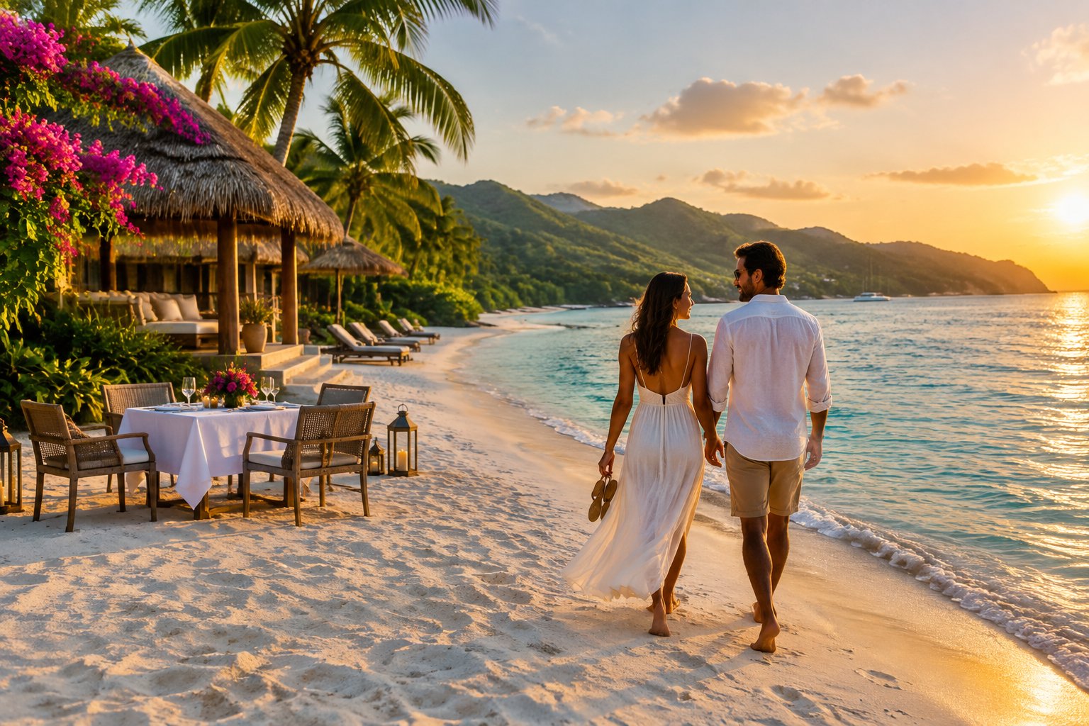 A couple walks along a tropical Jamaican beach beside a luxurious resort at sunset.