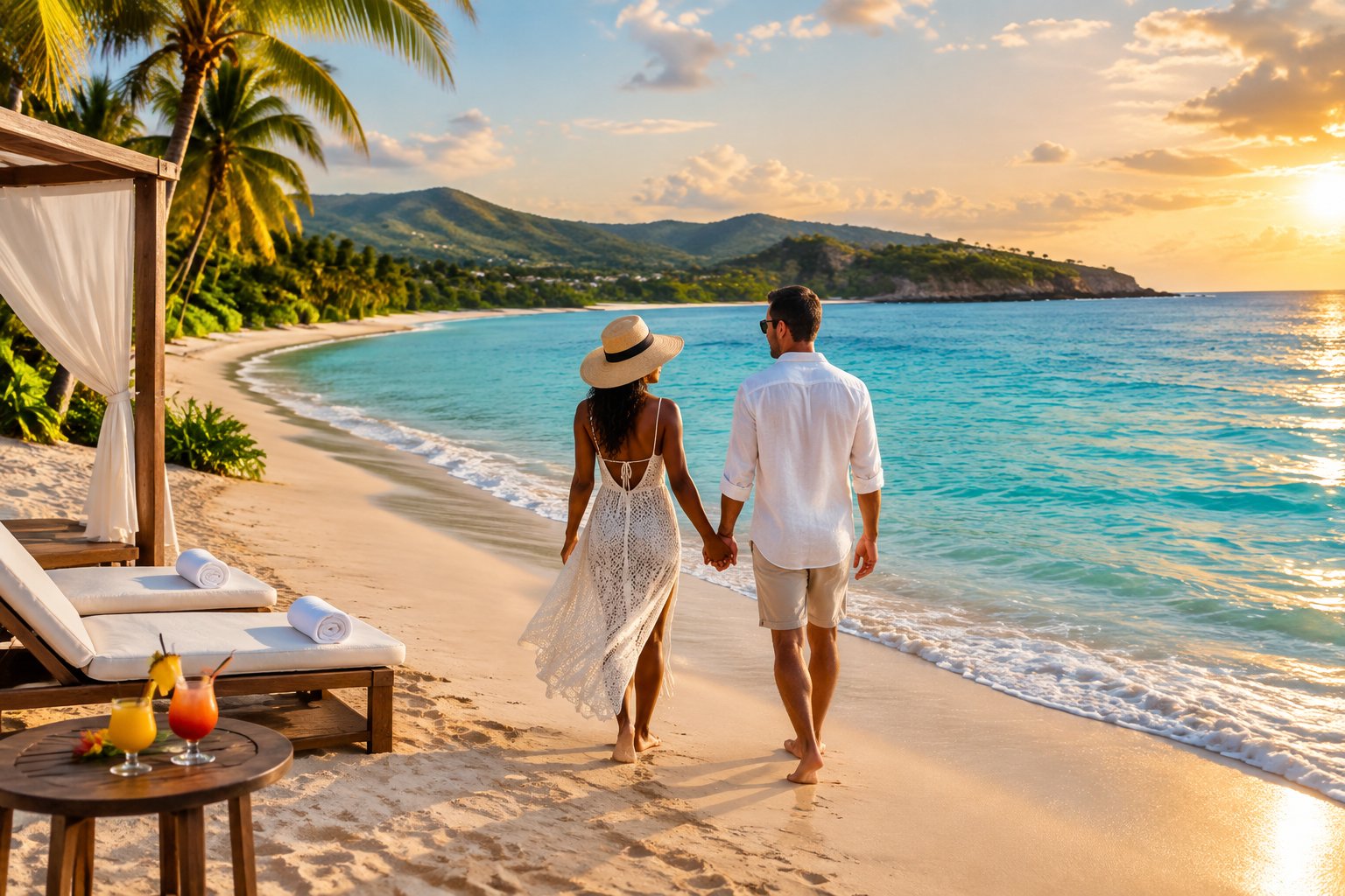 A couple walks hand in hand along a tropical Jamaican beach beside a luxury resort.