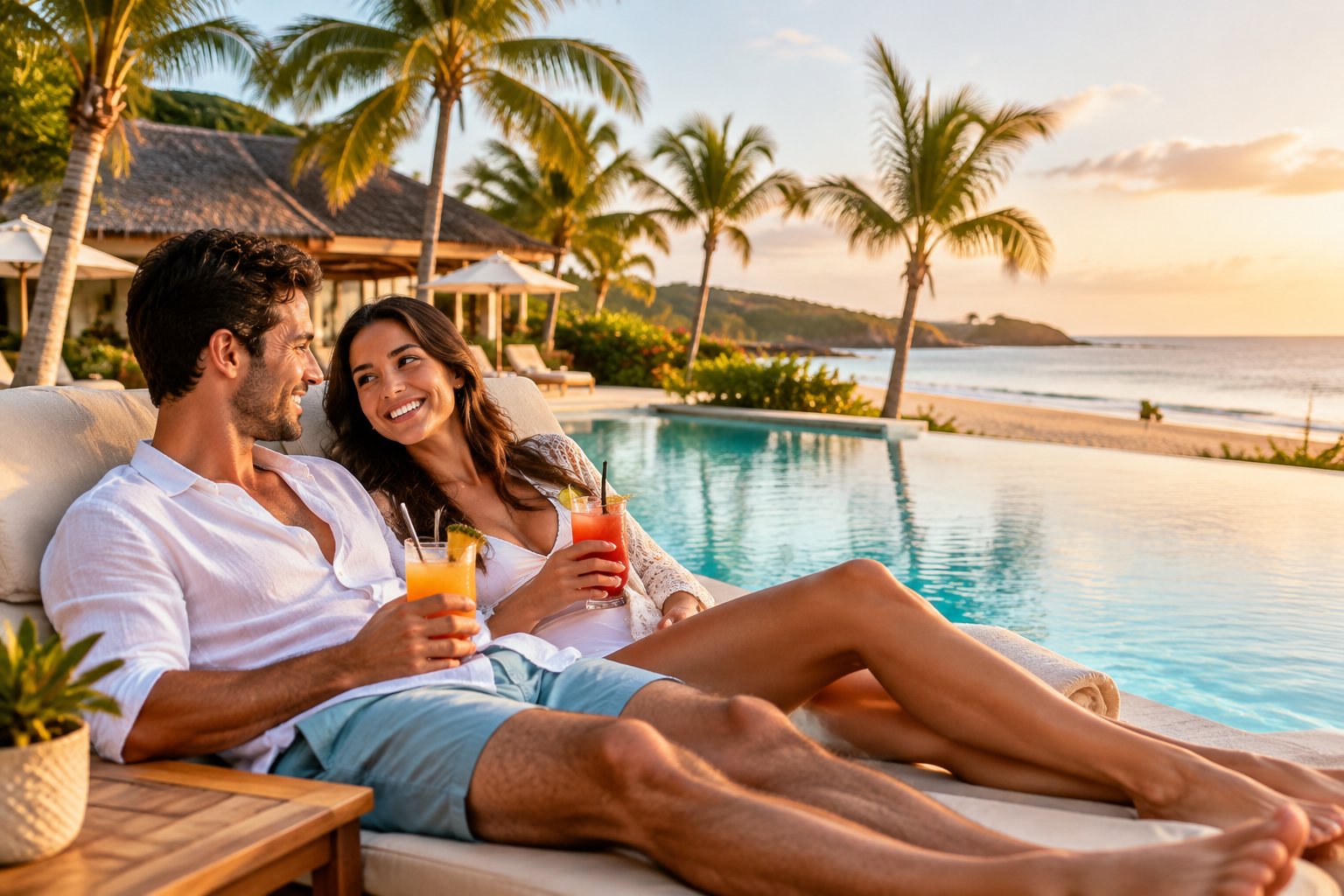 A newlywed couple relaxes beside a tropical resort pool near the beach.