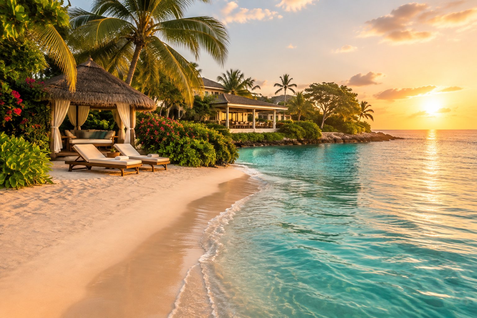 A secluded Jamaican resort beach with lounge chairs, a shaded cabana, tropical greenery, and turquoise Caribbean water.
