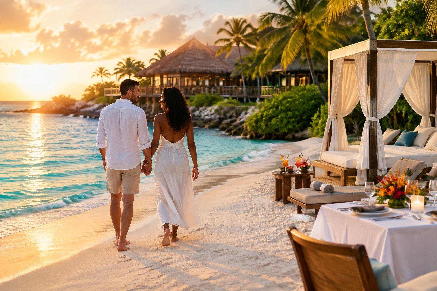 Newlywed couple walking along a tropical Jamaican beach beside a luxury resort.