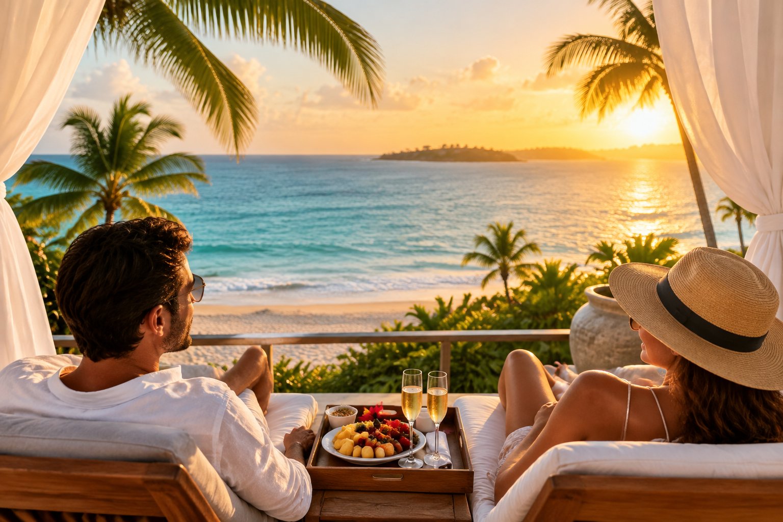 A couple relaxes on a luxurious beachfront terrace overlooking turquoise water in Puerto Rico.