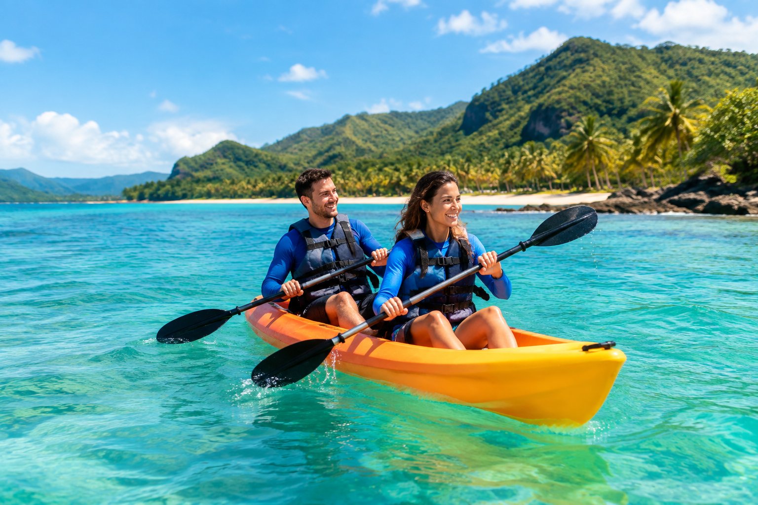 A newlywed couple paddles a tandem kayak through turquoise Caribbean water beside a lush Puerto Rican coastline.