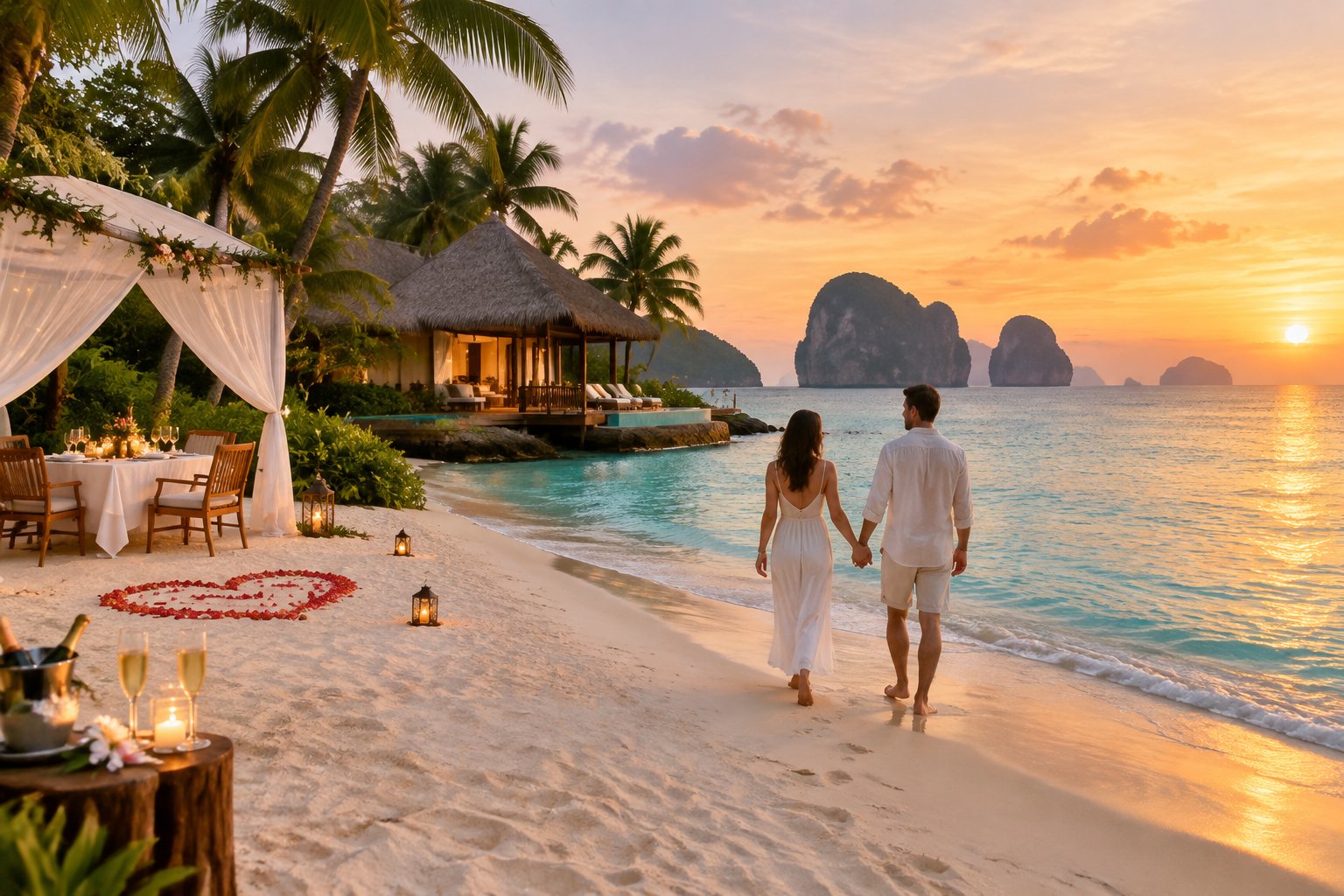 A couple walks hand in hand beside a tropical Thai beach resort at sunset.