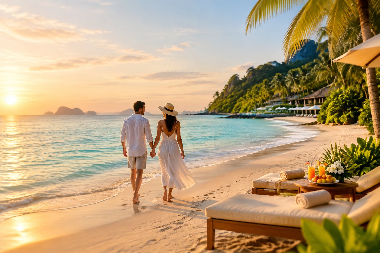 A newlywed couple walks hand in hand along a tropical beach beside a luxury resort at sunset.