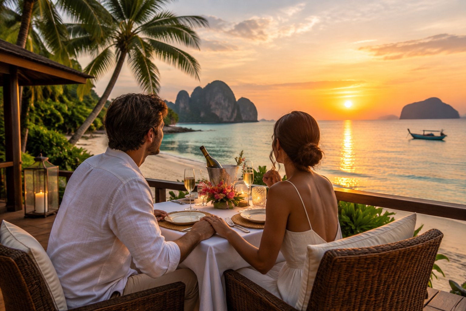 Newlywed couple enjoying a sunset dinner on a private beach at a Thai island resort.