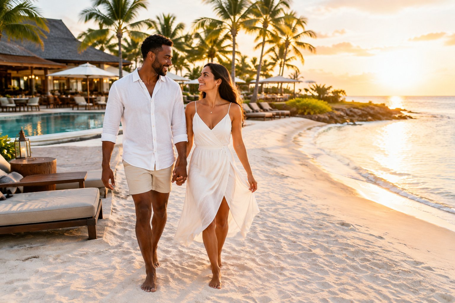 A newlywed couple walks hand in hand along a tropical beach beside a luxurious resort.