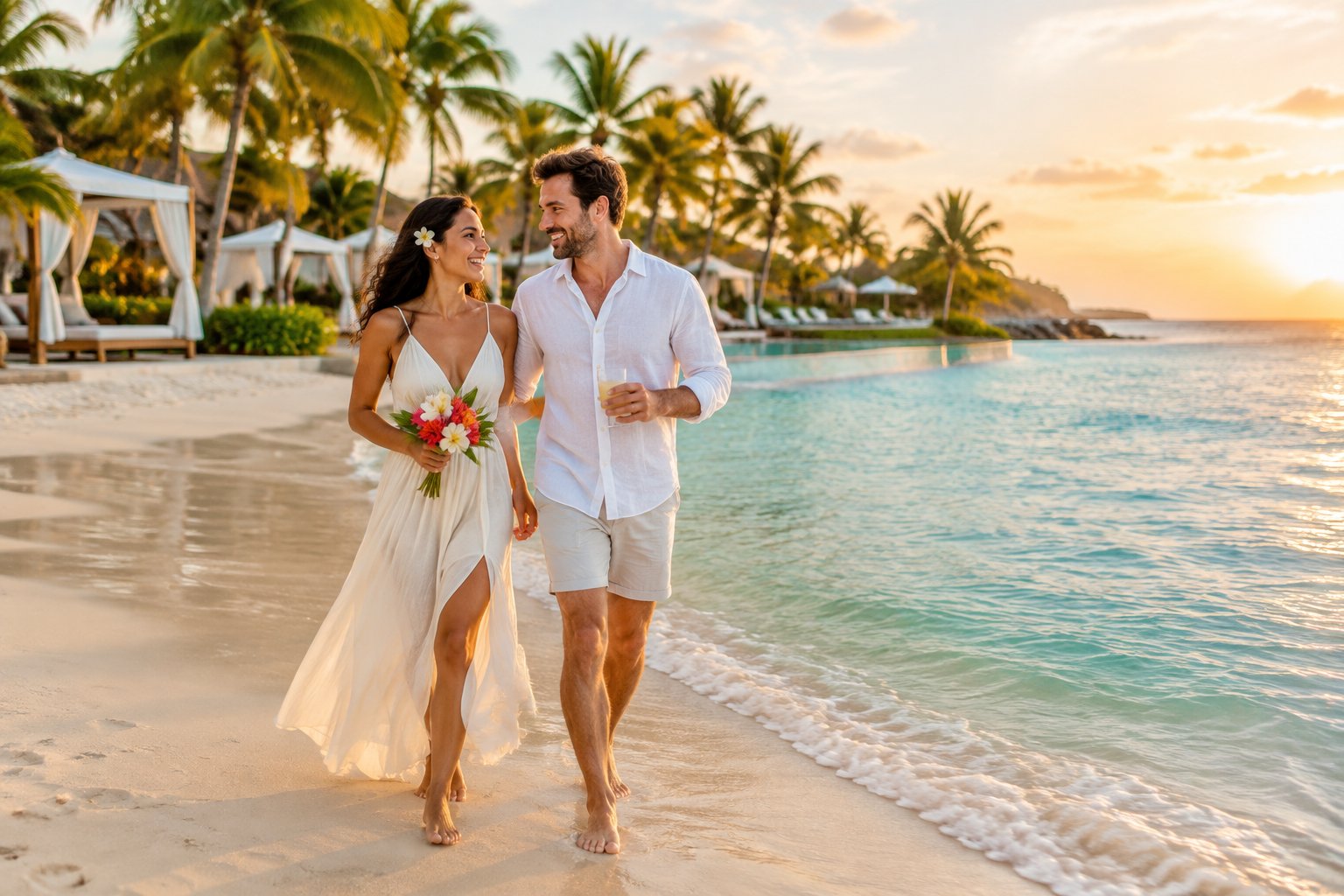 Newlywed couple walking together on a tropical resort beach at sunset.