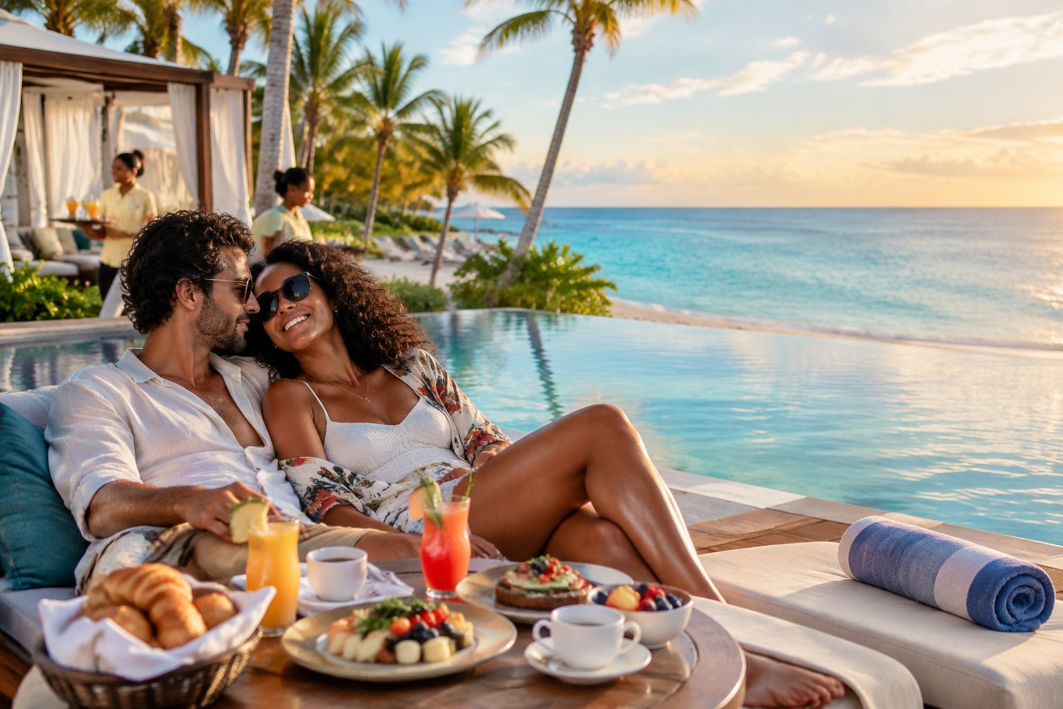 Newlywed couple relaxing by an infinity pool at a tropical all-inclusive resort.