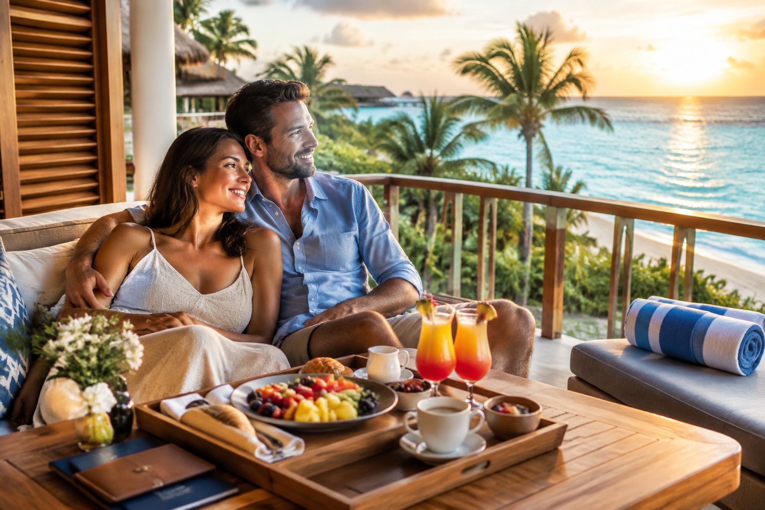 A newlywed couple relaxes on a tropical honeymoon resort balcony overlooking the ocean.