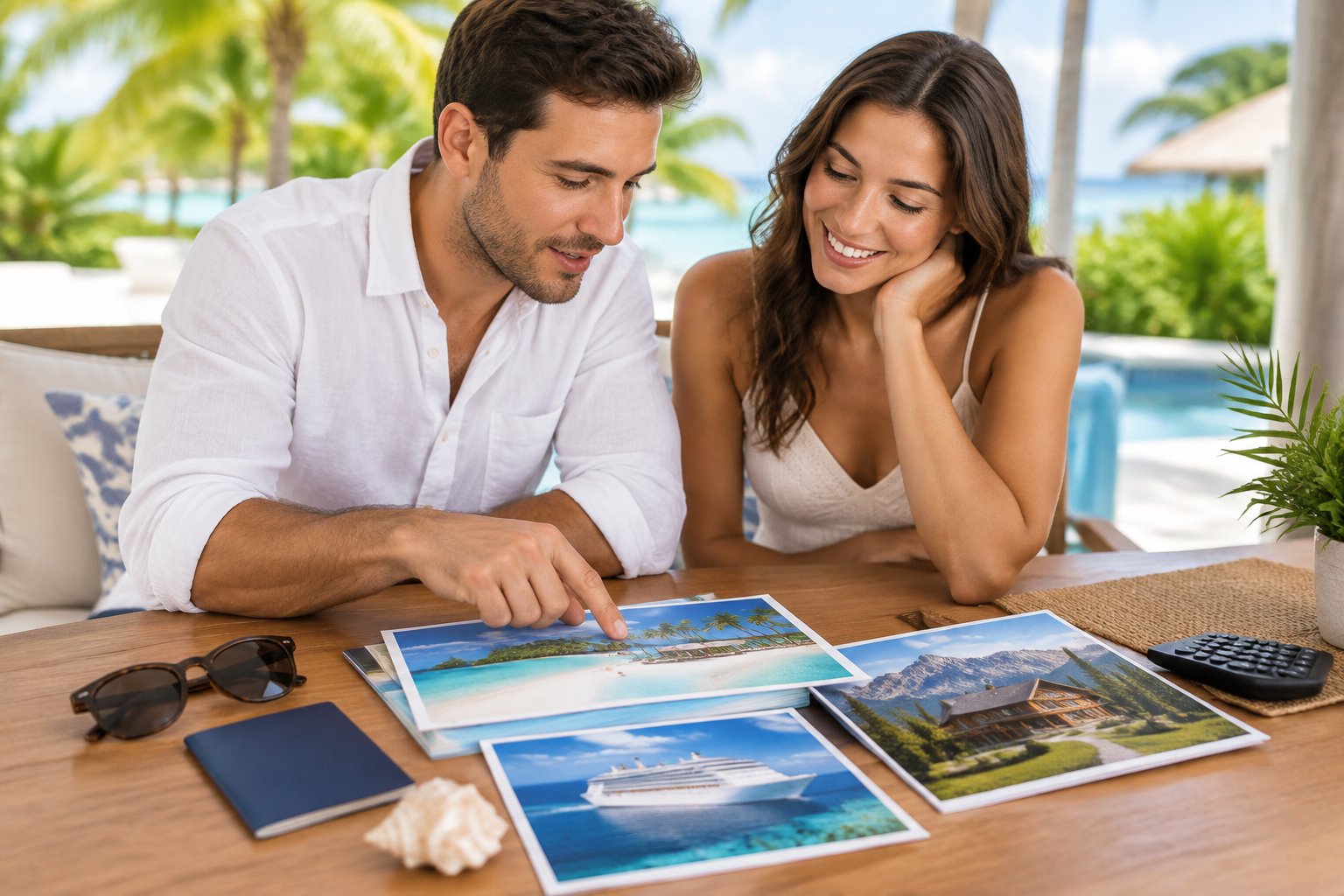 A newlywed couple compares honeymoon travel options at a resort planning table.