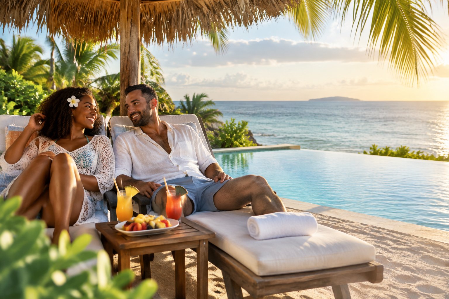 A newlywed couple relaxes beside a turquoise Caribbean resort pool overlooking the sea.