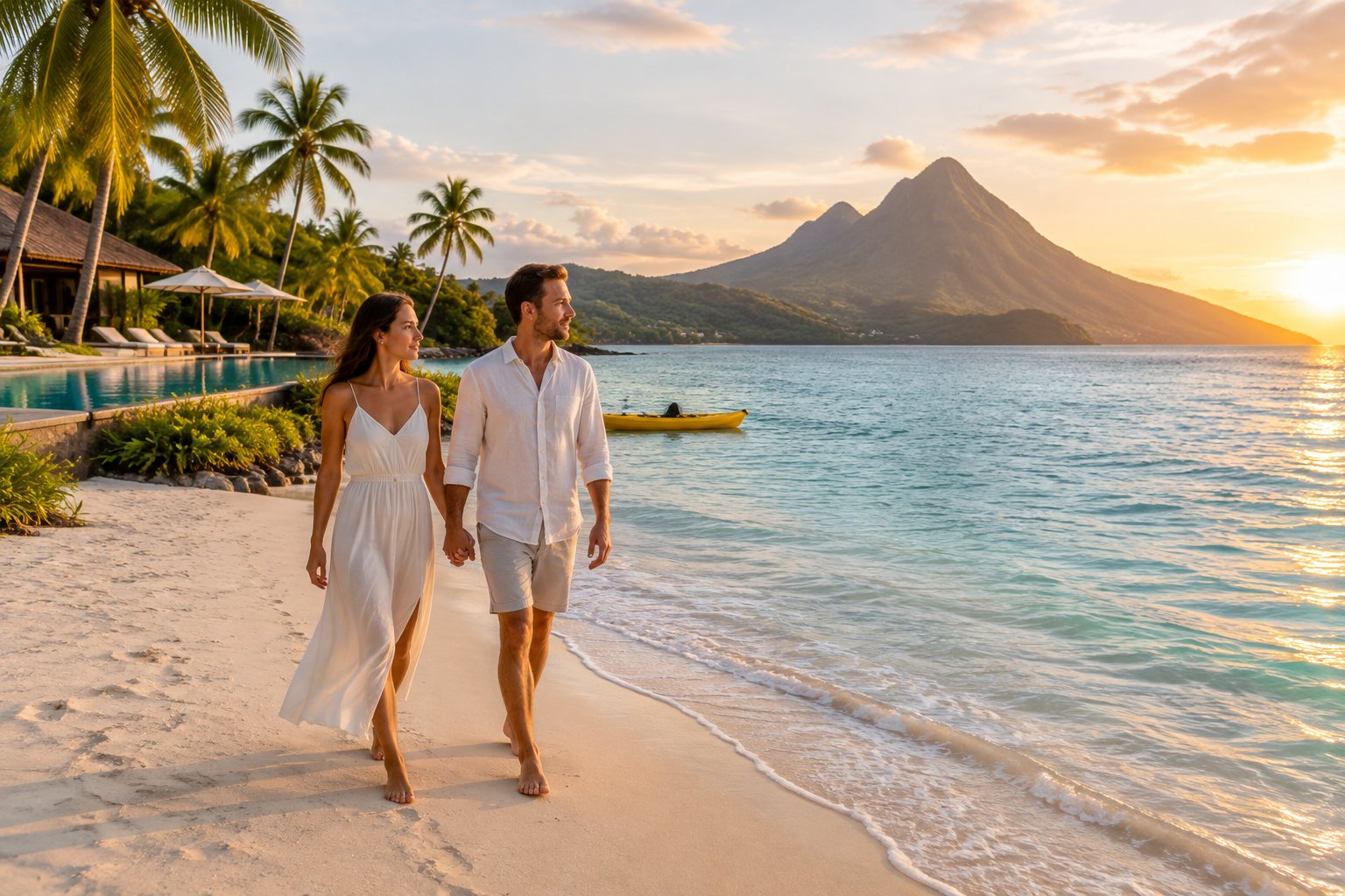 Newlywed couple walking hand in hand along a tropical beach beside a resort, turquoise water, and lush hills.