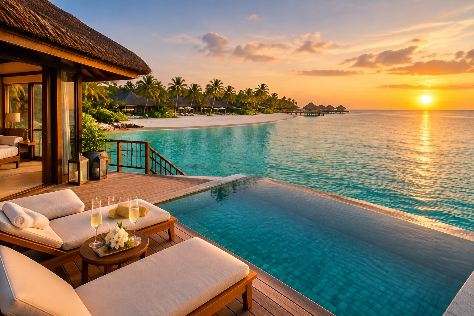 A luxurious tropical resort villa overlooks a white-sand beach and clear turquoise water at sunset.
