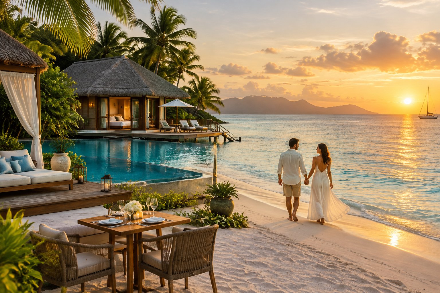 A couple walks along the beach beside a luxurious tropical resort at sunset.