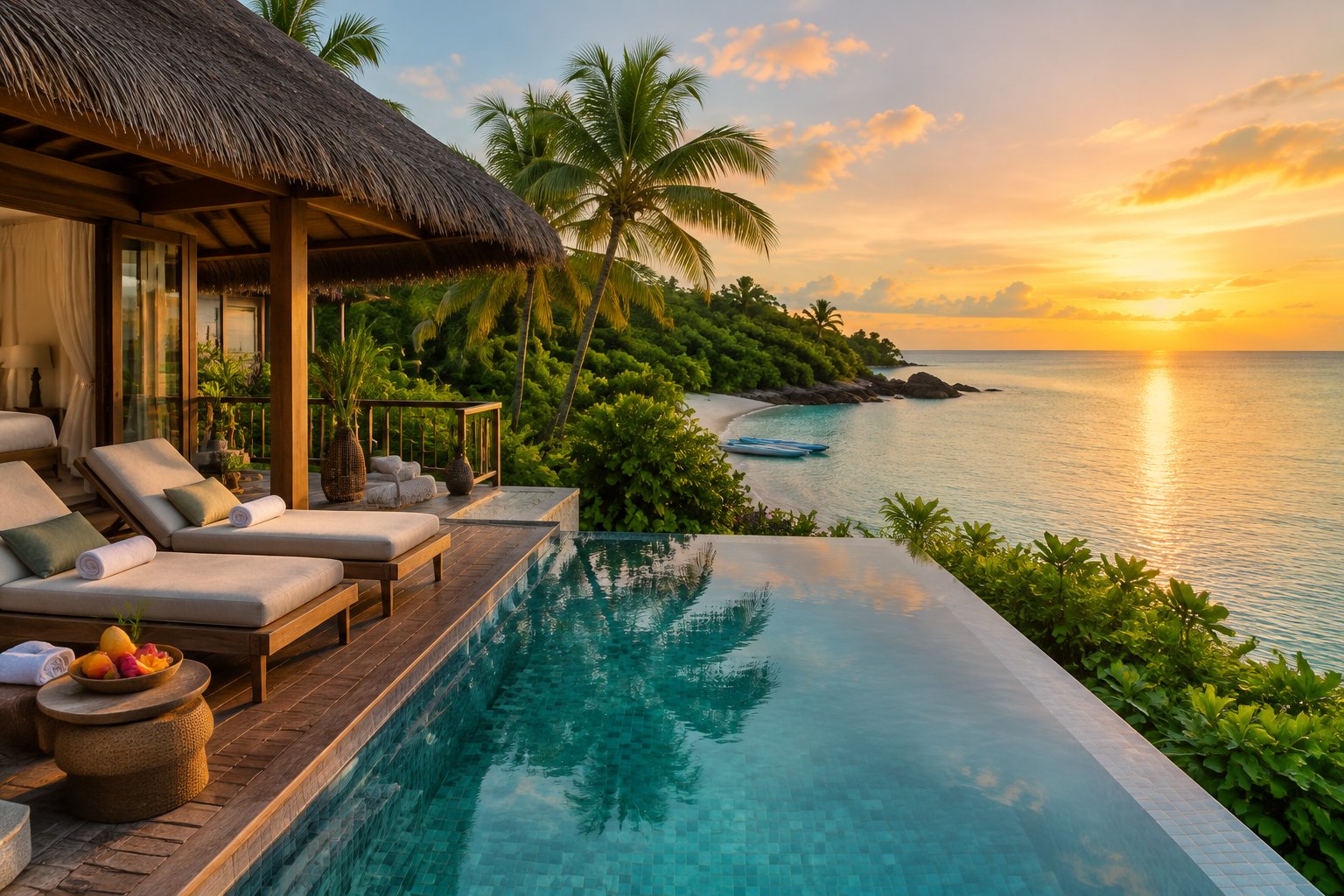 A secluded tropical honeymoon bungalow with a private pool overlooking turquoise ocean water.