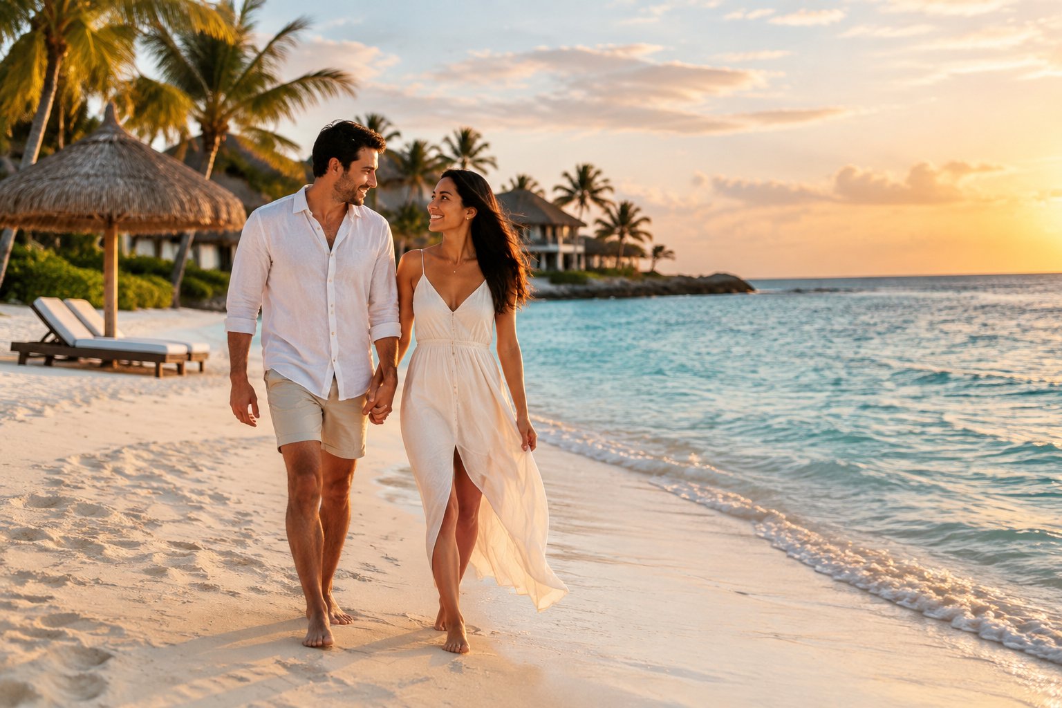A newlywed couple walks hand in hand along a quiet tropical beach beside a luxury resort.