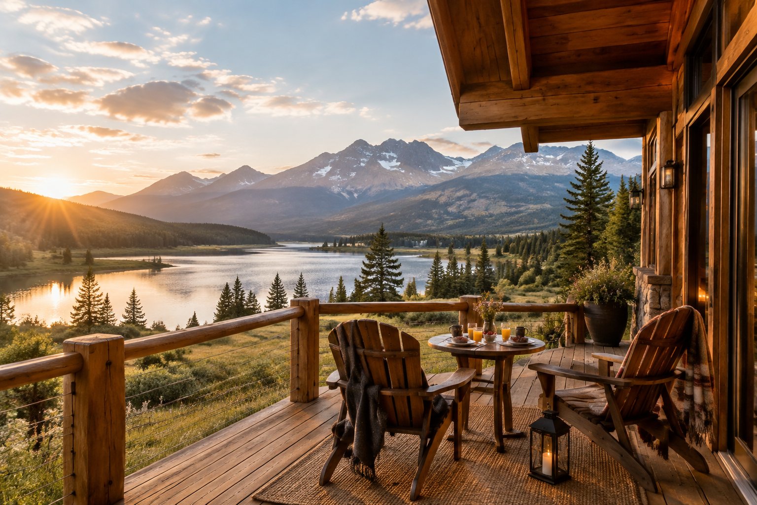 A secluded luxury mountain lodge terrace overlooks a forested valley and distant alpine peaks.