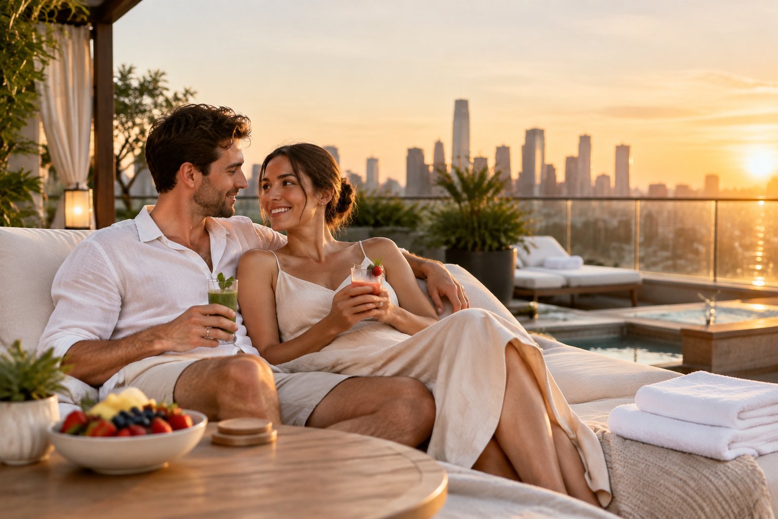 A newlywed couple relaxes together on a luxurious rooftop terrace overlooking a city skyline.