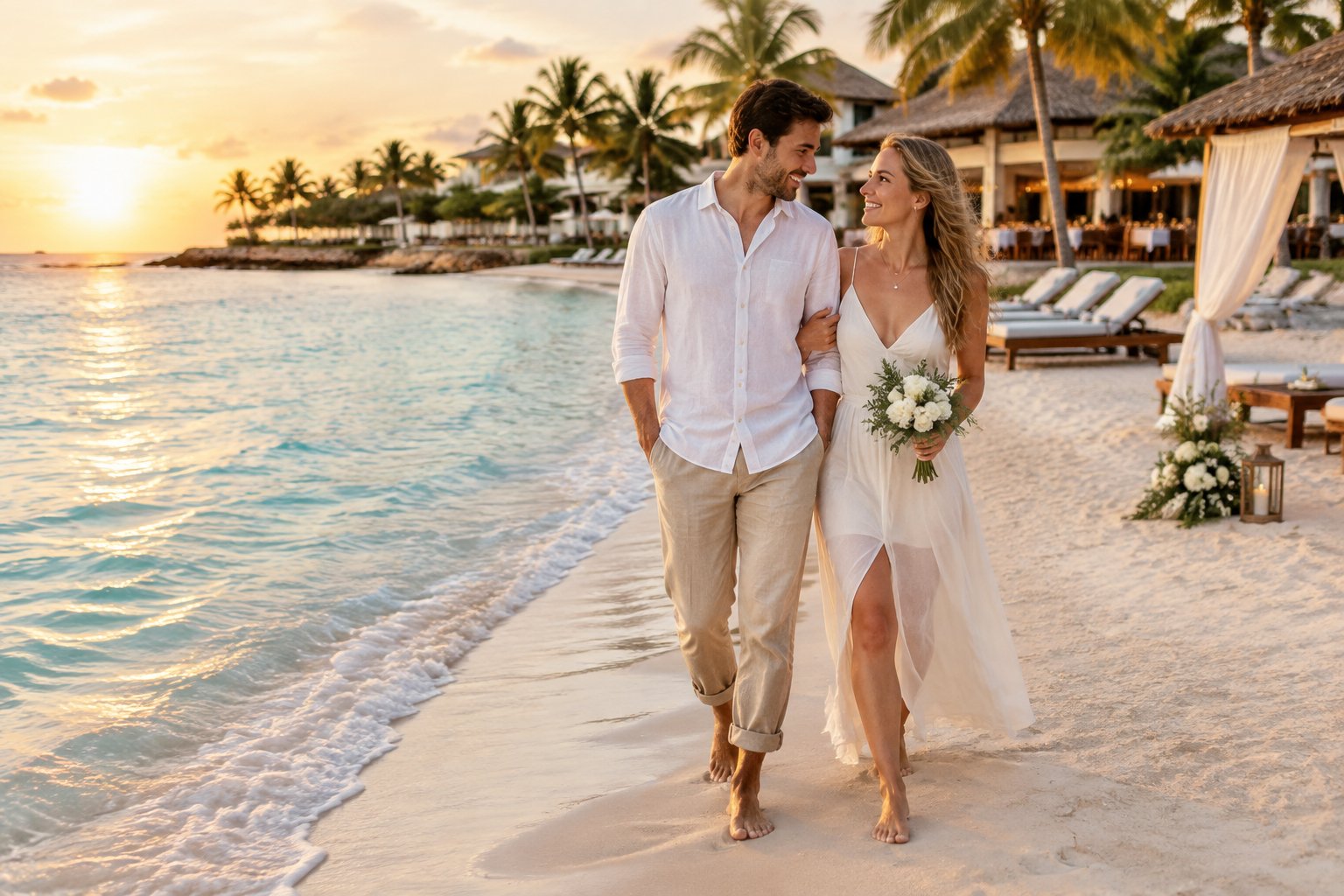 Newlywed couple walking along a tropical beach beside an inviting all-inclusive resort.