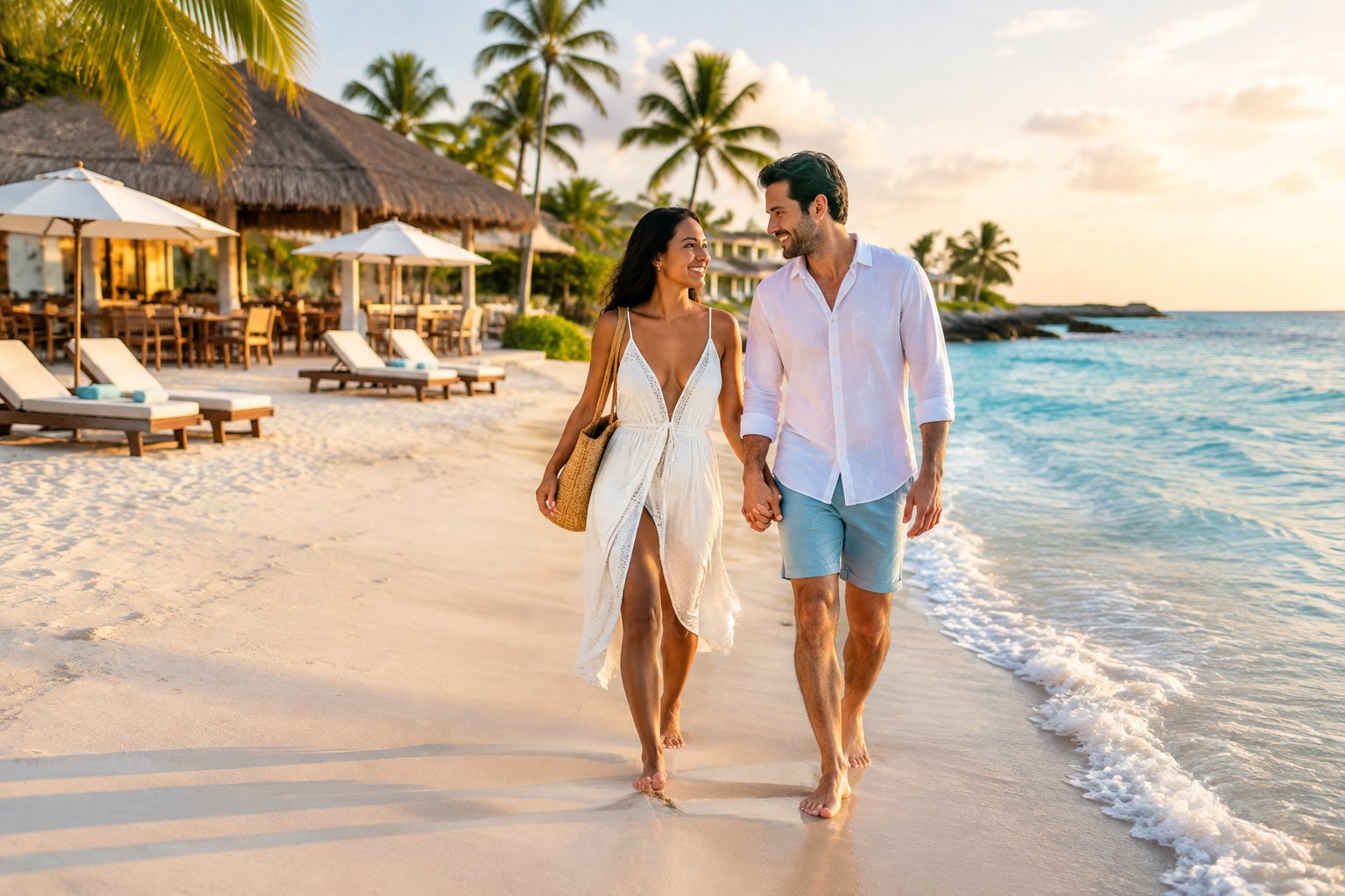 A newlywed couple relaxes together on a tropical beach beside an all-inclusive resort.