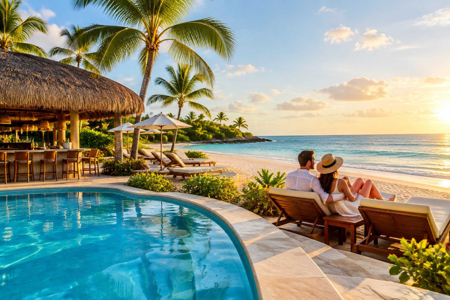 A newlywed couple relaxes beside a tropical resort pool overlooking a sandy beach and turquoise ocean.