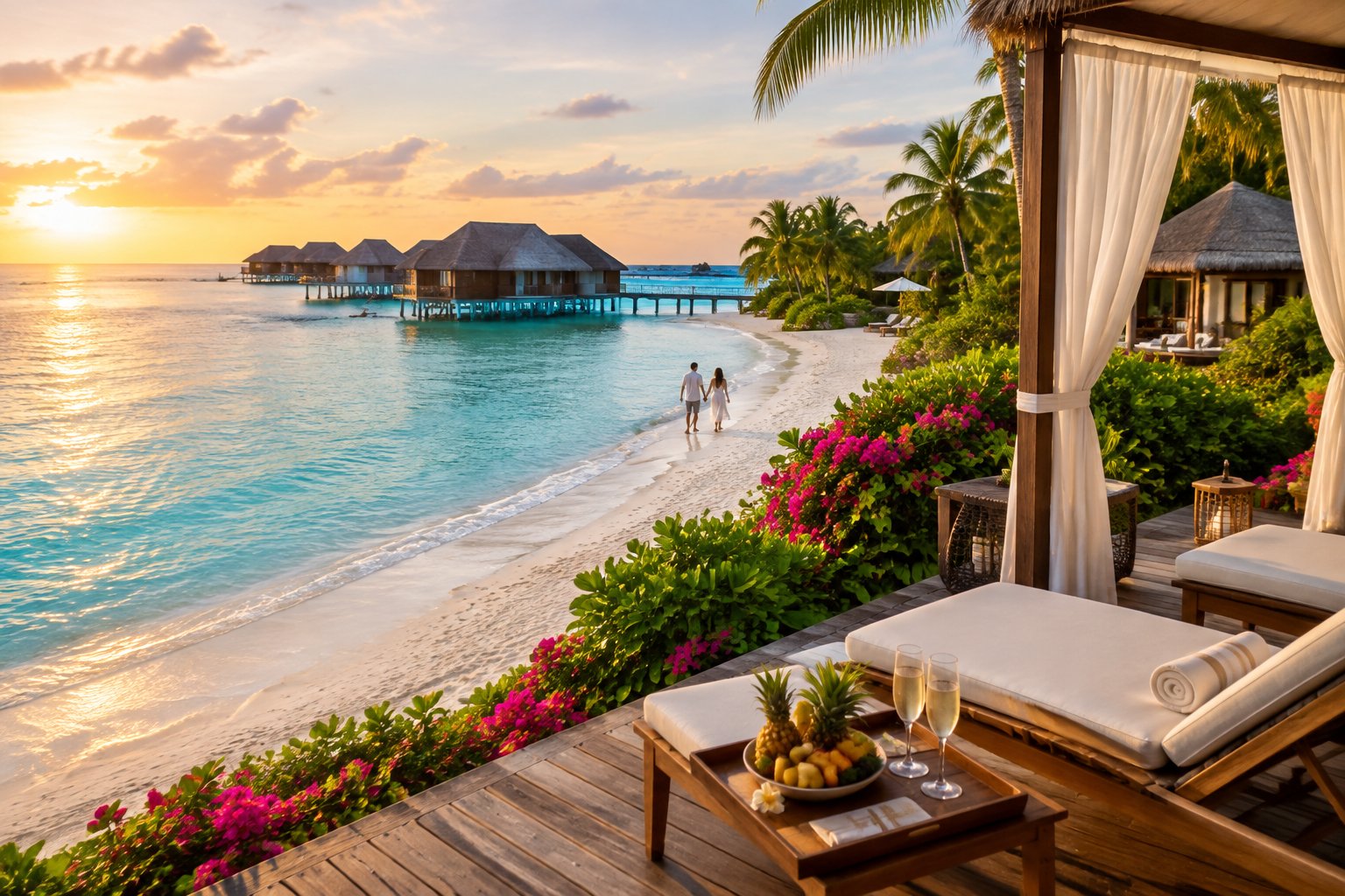 A couple walks along the beach beside a luxurious Caribbean resort with turquoise water and tropical palms.