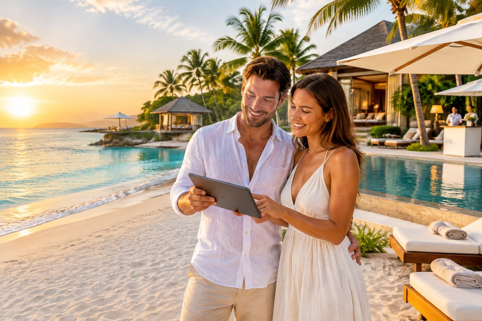 A newlywed couple compares options beside a luxurious Caribbean beach resort.