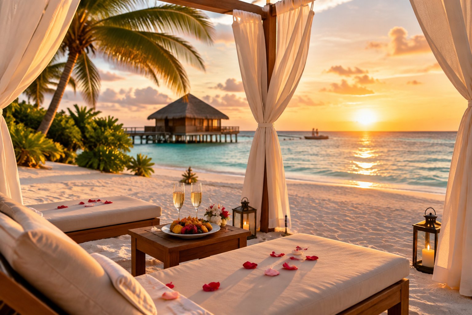 A romantic tropical resort beach with a private cabana, ocean views, champagne, and palm trees.