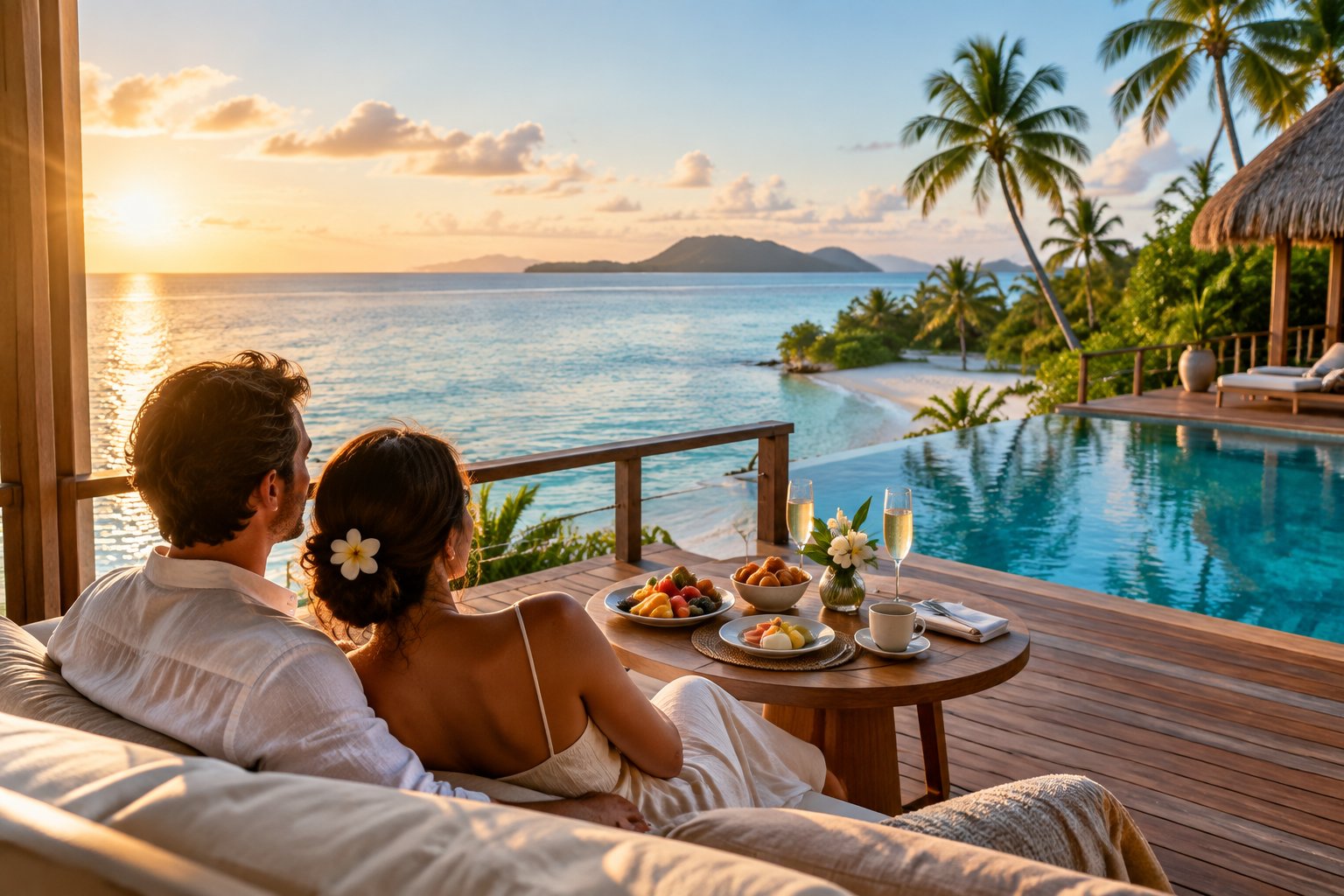 A couple enjoys breakfast on a private tropical resort terrace overlooking the ocean.