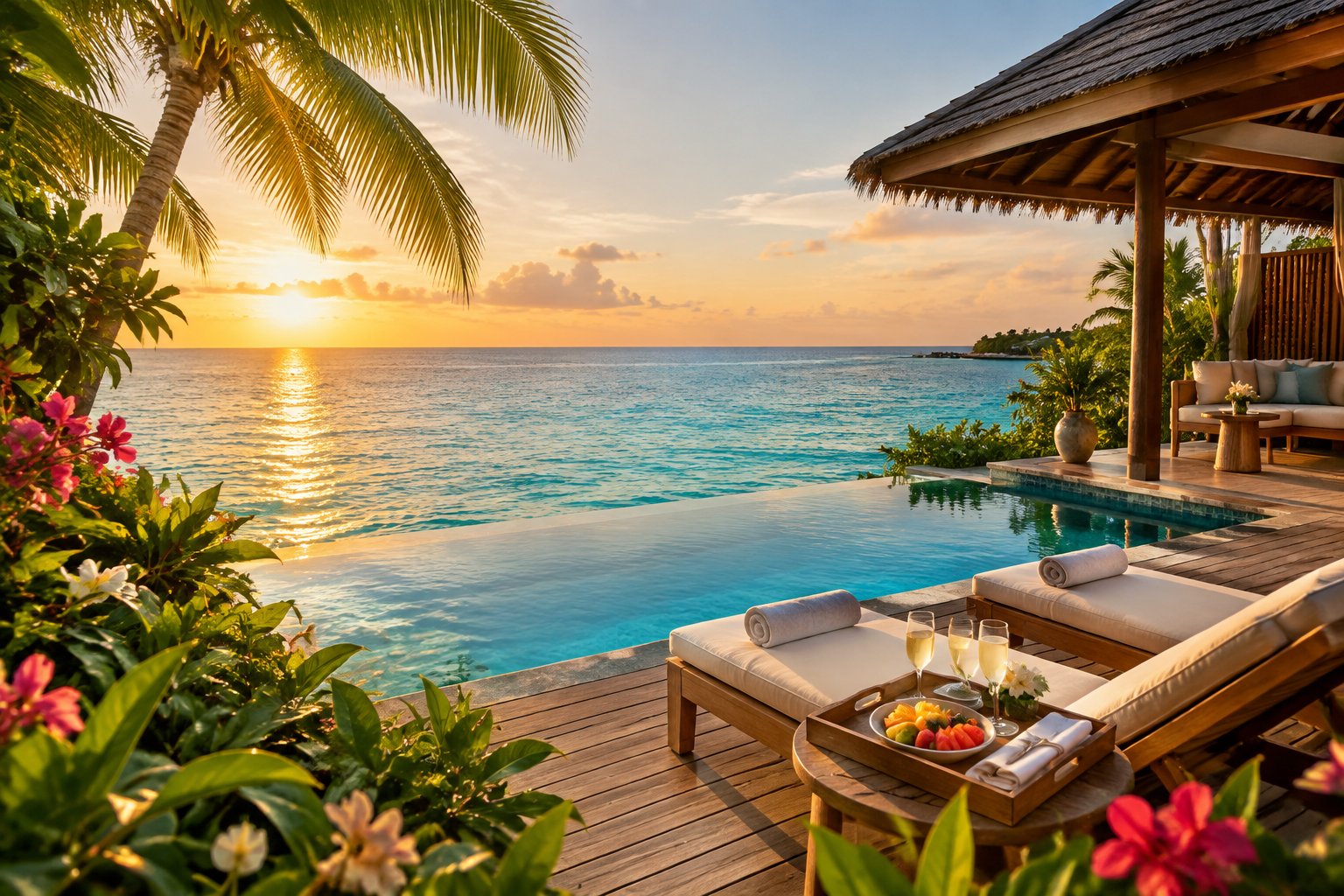 A secluded luxury Caribbean resort villa with a private pool, tropical landscaping, and a calm turquoise ocean view.