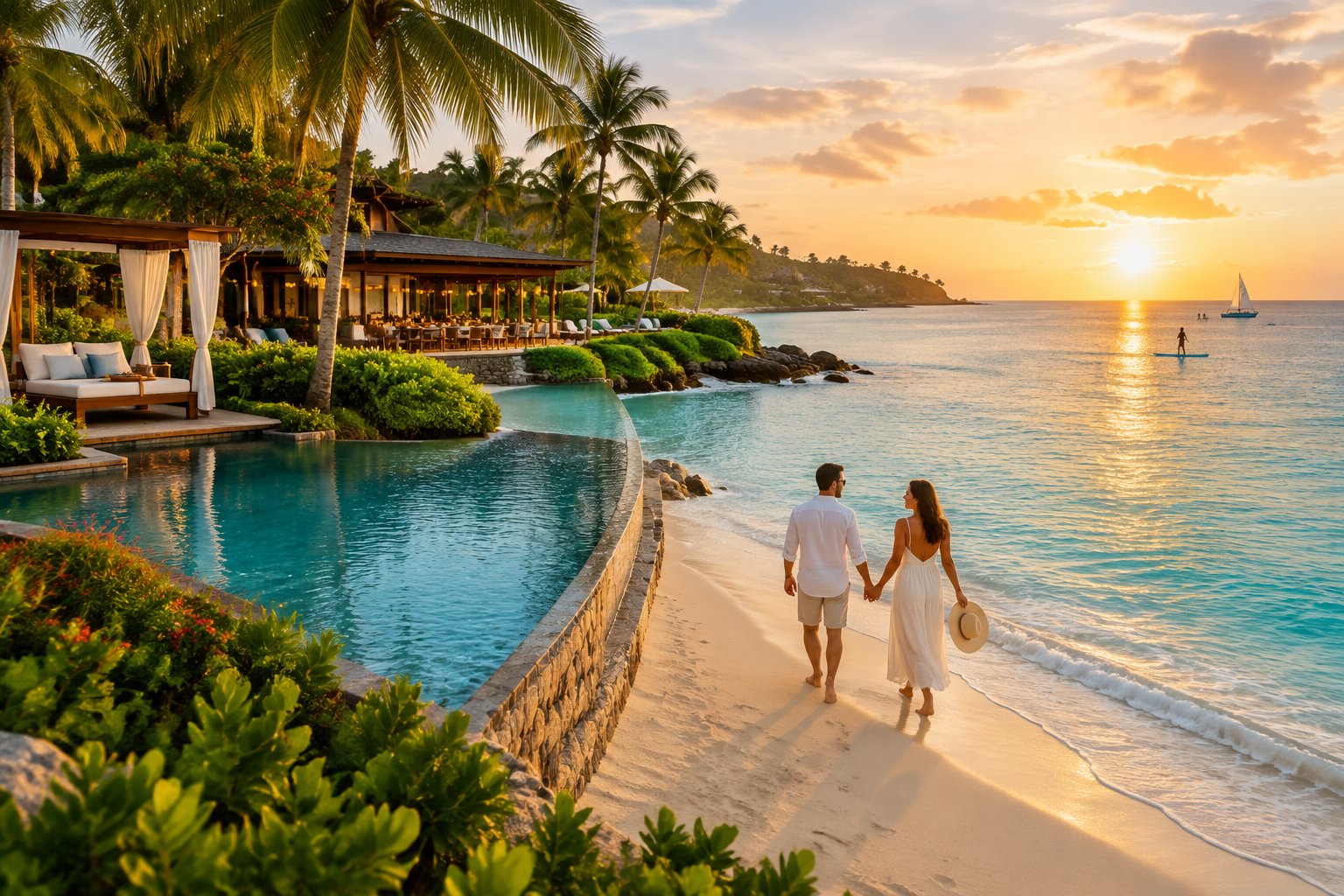 A newlywed couple walks hand in hand along a tropical beach beside an all-inclusive resort.