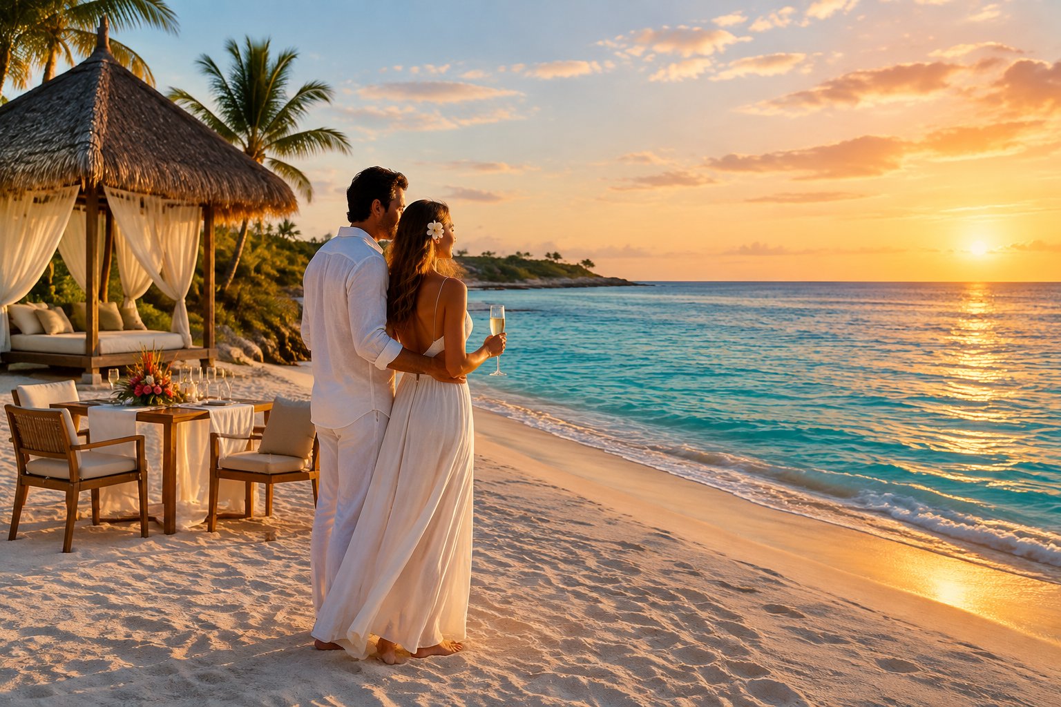 A newlywed couple embraces on a tropical Caribbean beach near a romantic resort table at sunset.